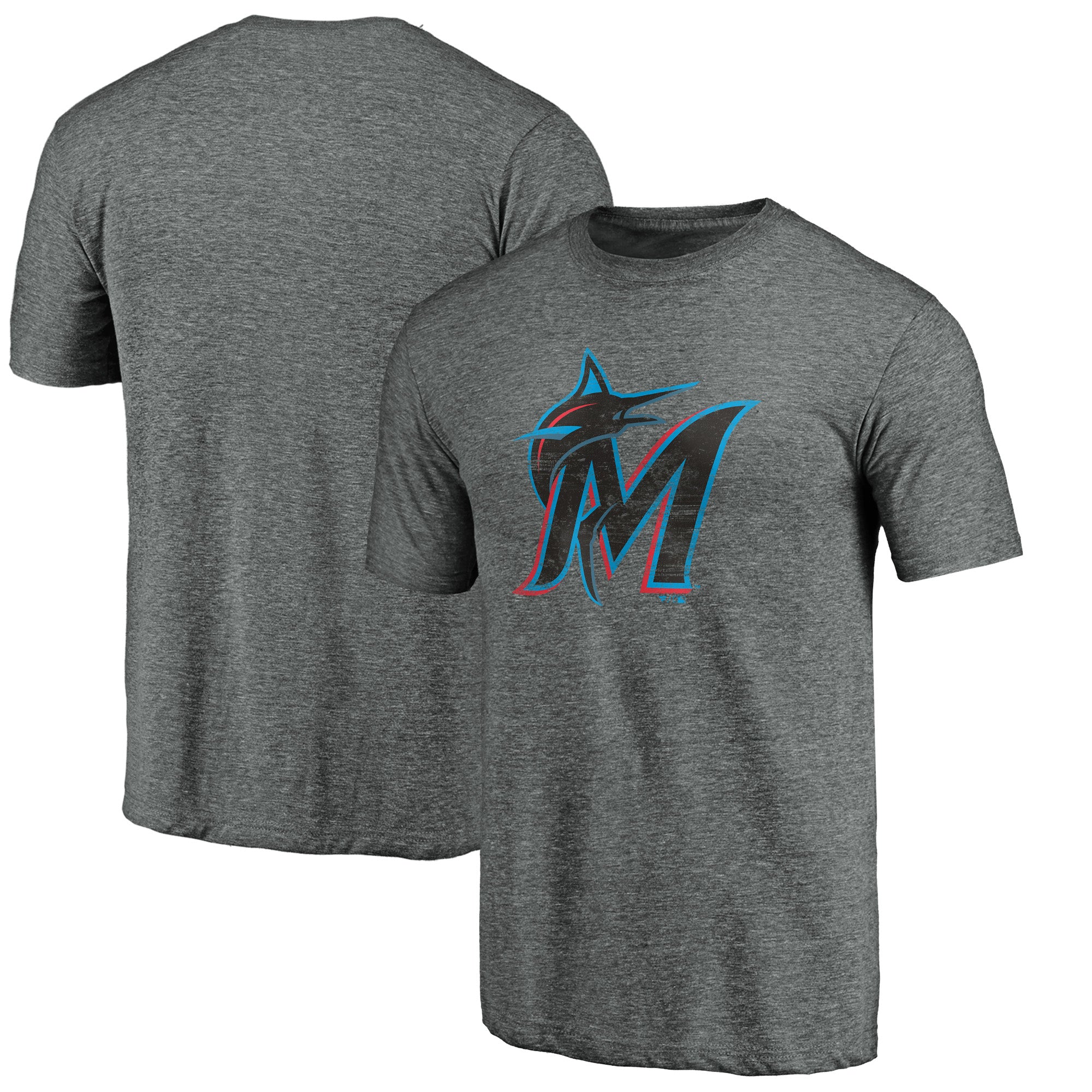 Men's Heather Gray Miami Marlins Weathered Official Logo Tri-Blend T-Shirt