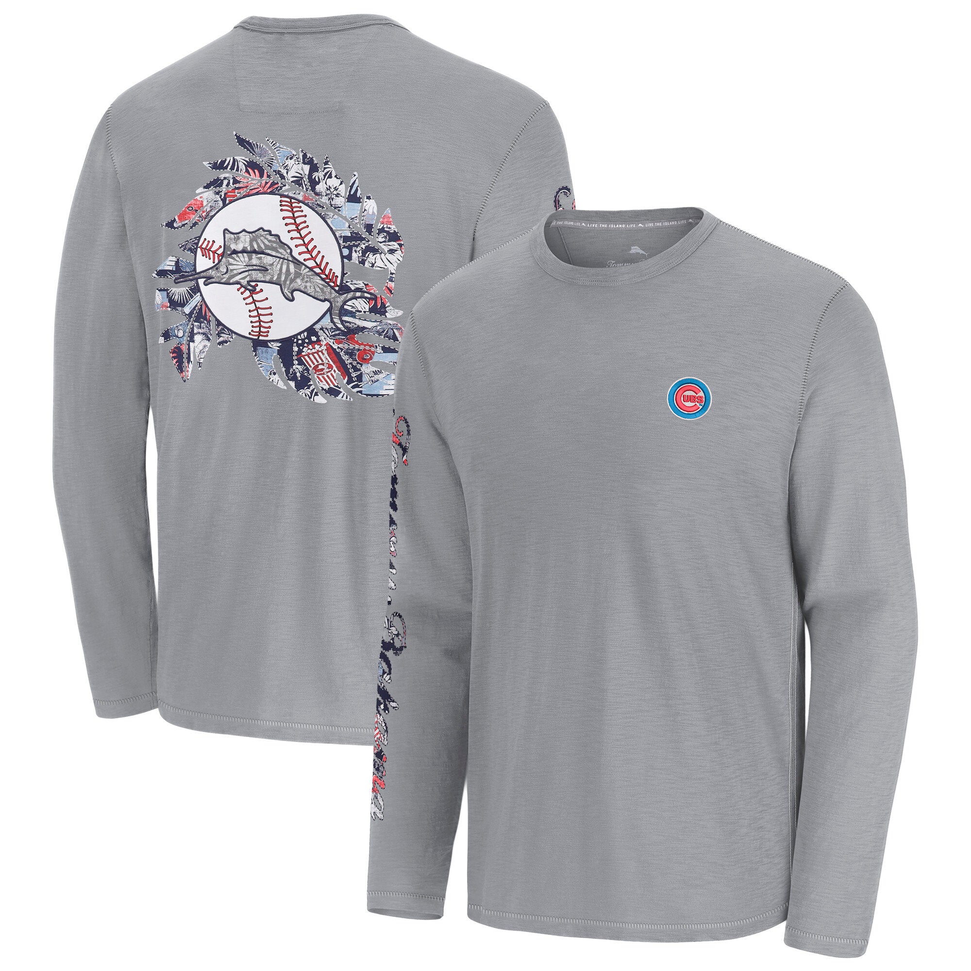 Men's Tommy Bahama Gray Chicago Cubs Tropic Curveball Lux Long Sleeve T-Shirt