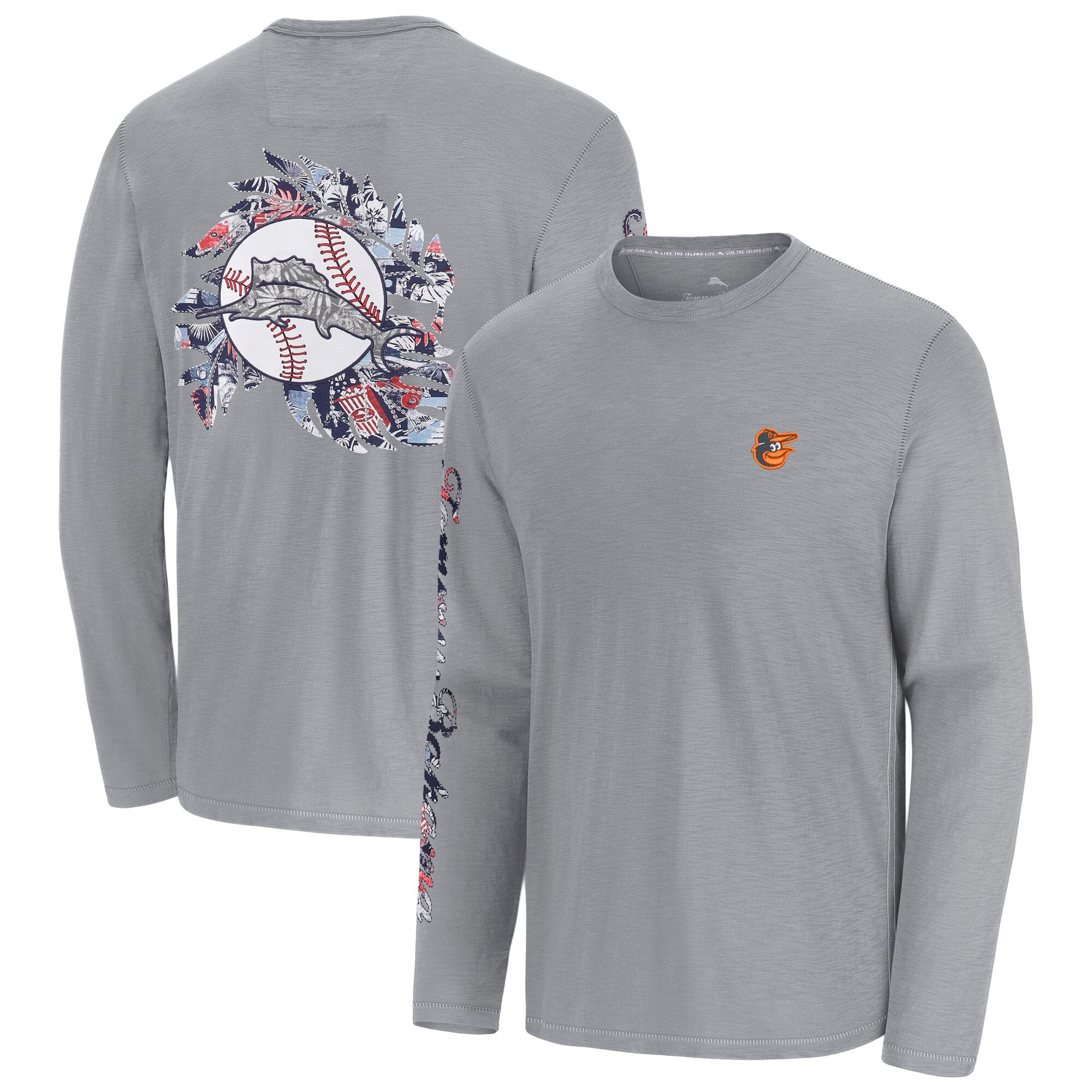 Men's Tommy Bahama Gray Baltimore Orioles Tropic Curveball Lux Long Sleeve T-Shirt