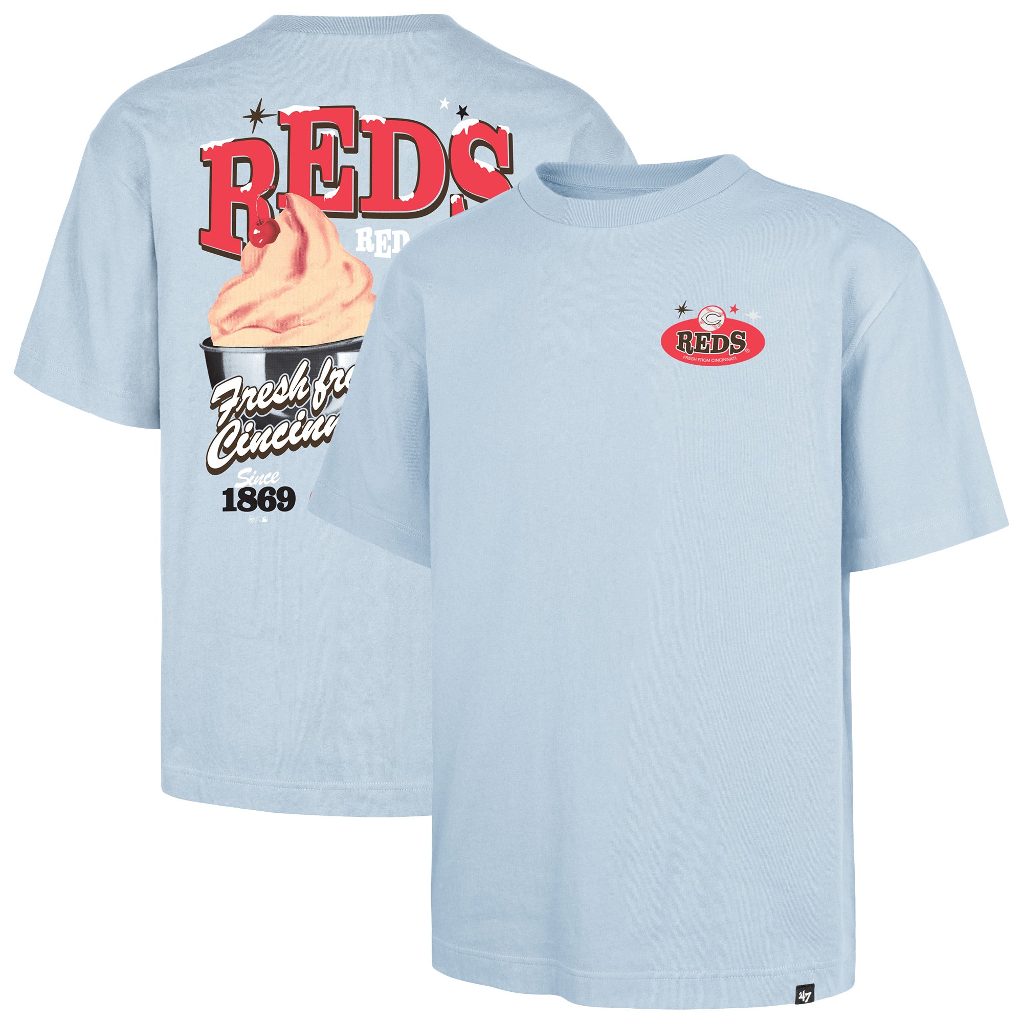 Men's '47 Light Blue Cincinnati Reds Ice Cream Parlor Foundation T-Shirt