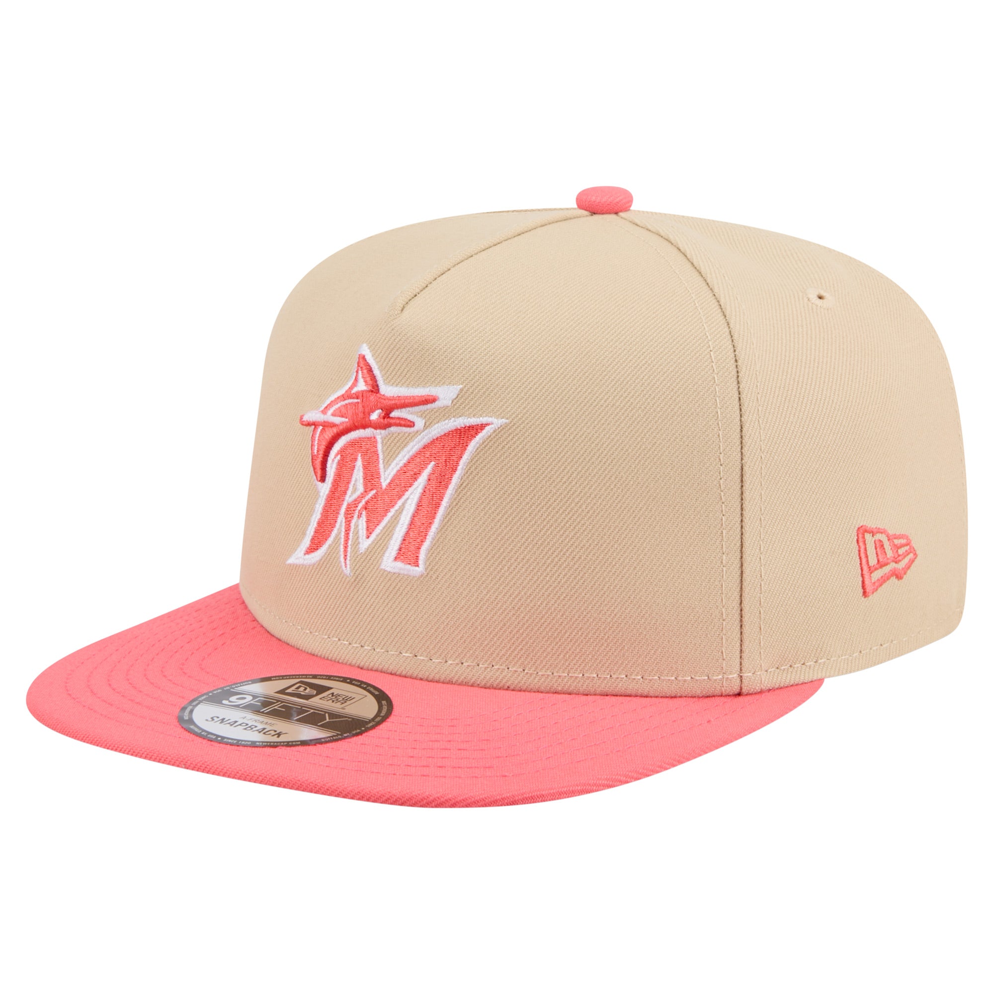Men's New Era  Light Beige/Coral Miami Marlins Color Pack A-Frame 9FIFTY Snapback Hat