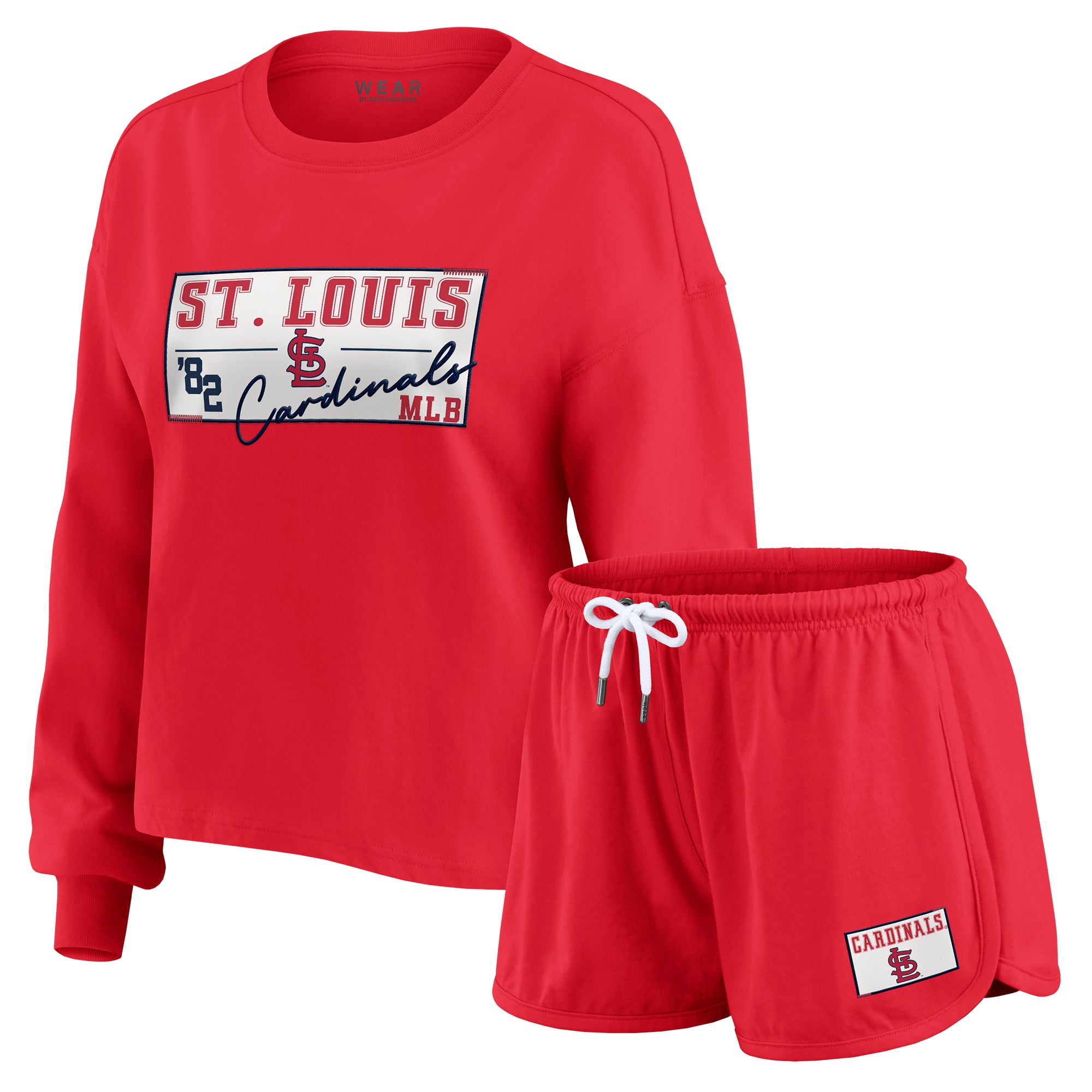 Women's WEAR by Erin Andrews Red St. Louis Cardinals Heavy Rugby Jersey Cropped Long Sleeve T-Shirt & Shorts Lounge Set
