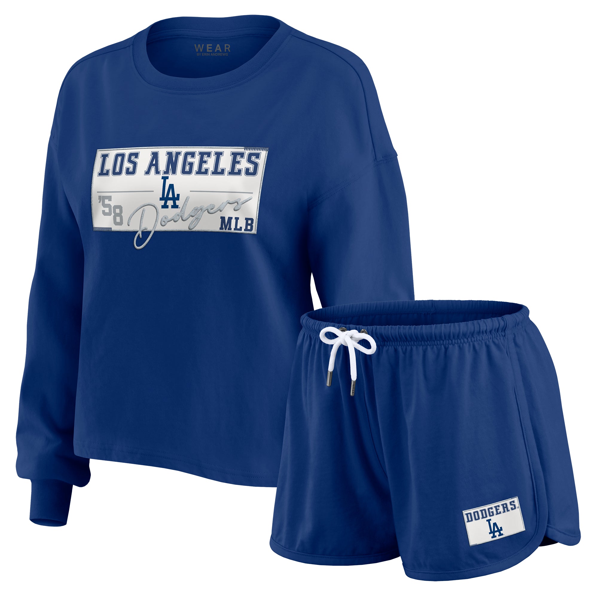 Women's WEAR by Erin Andrews Royal Los Angeles Dodgers Heavy Rugby Jersey Cropped Long Sleeve T-Shirt & Shorts Lounge Set