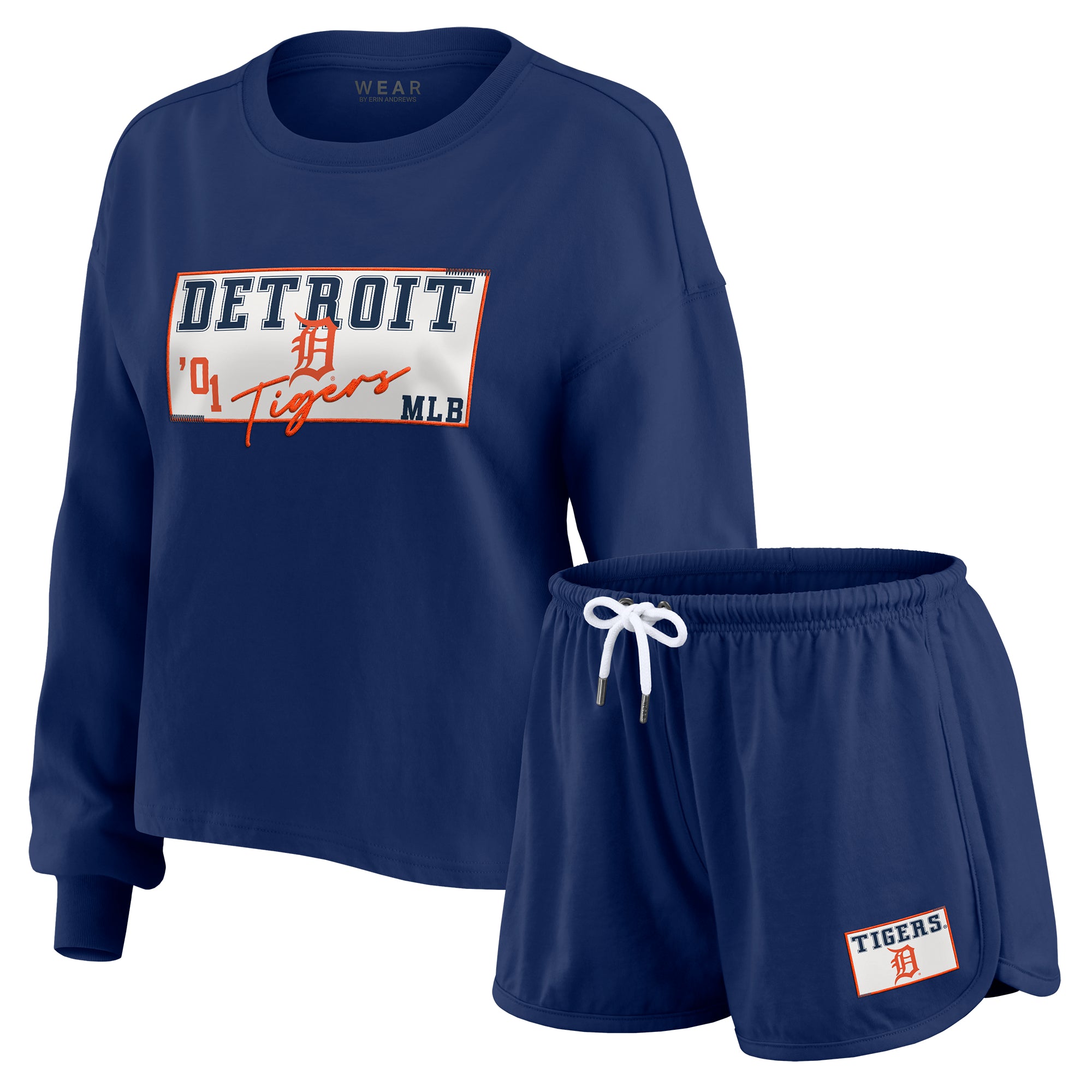 Women's WEAR by Erin Andrews Navy Detroit Tigers Heavy Rugby Jersey Cropped Long Sleeve T-Shirt & Shorts Lounge Set