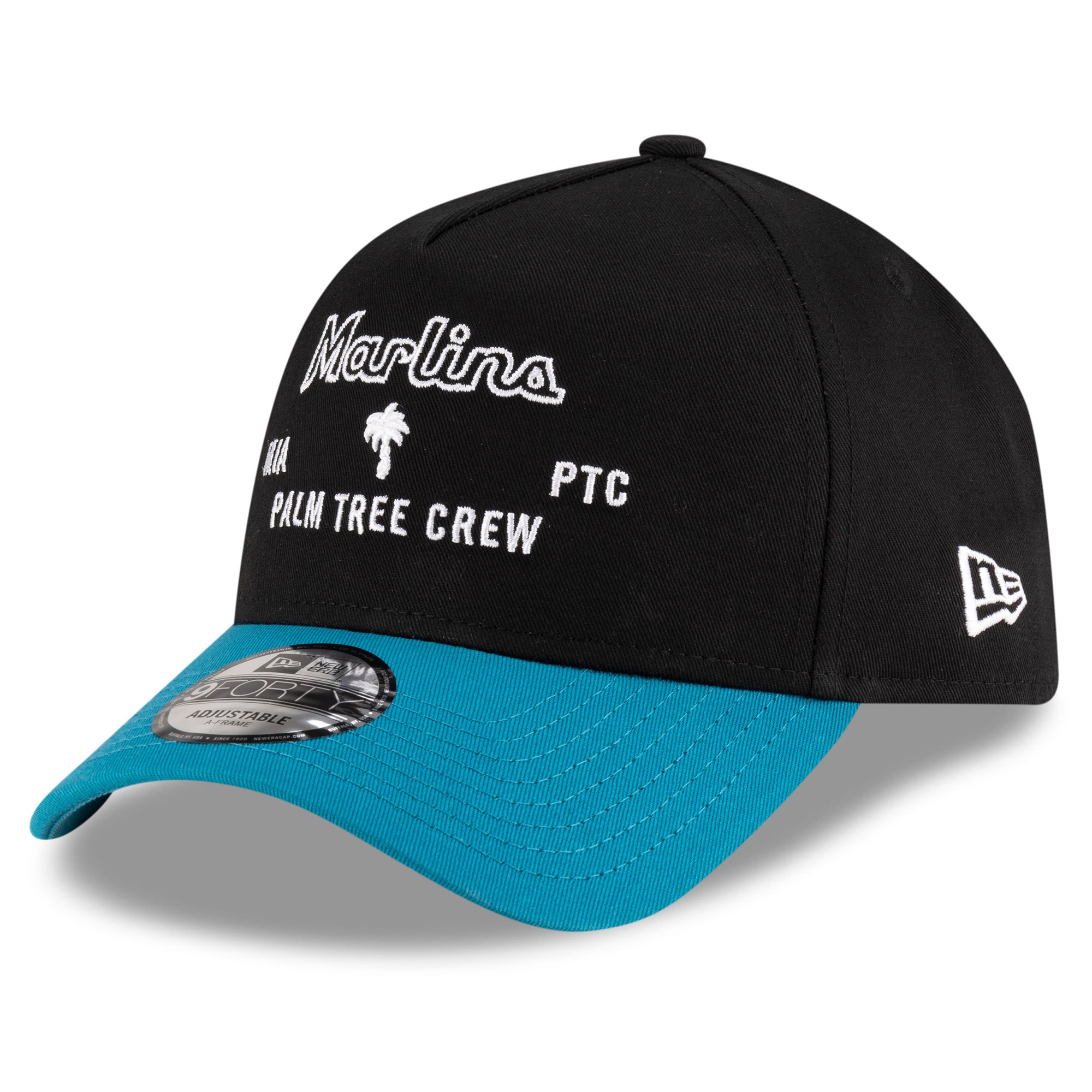 Men's New Era Black/Teal Miami Marlins Palm Tree Crew x MLB A-Frame 9FORTY Adjustable Hat