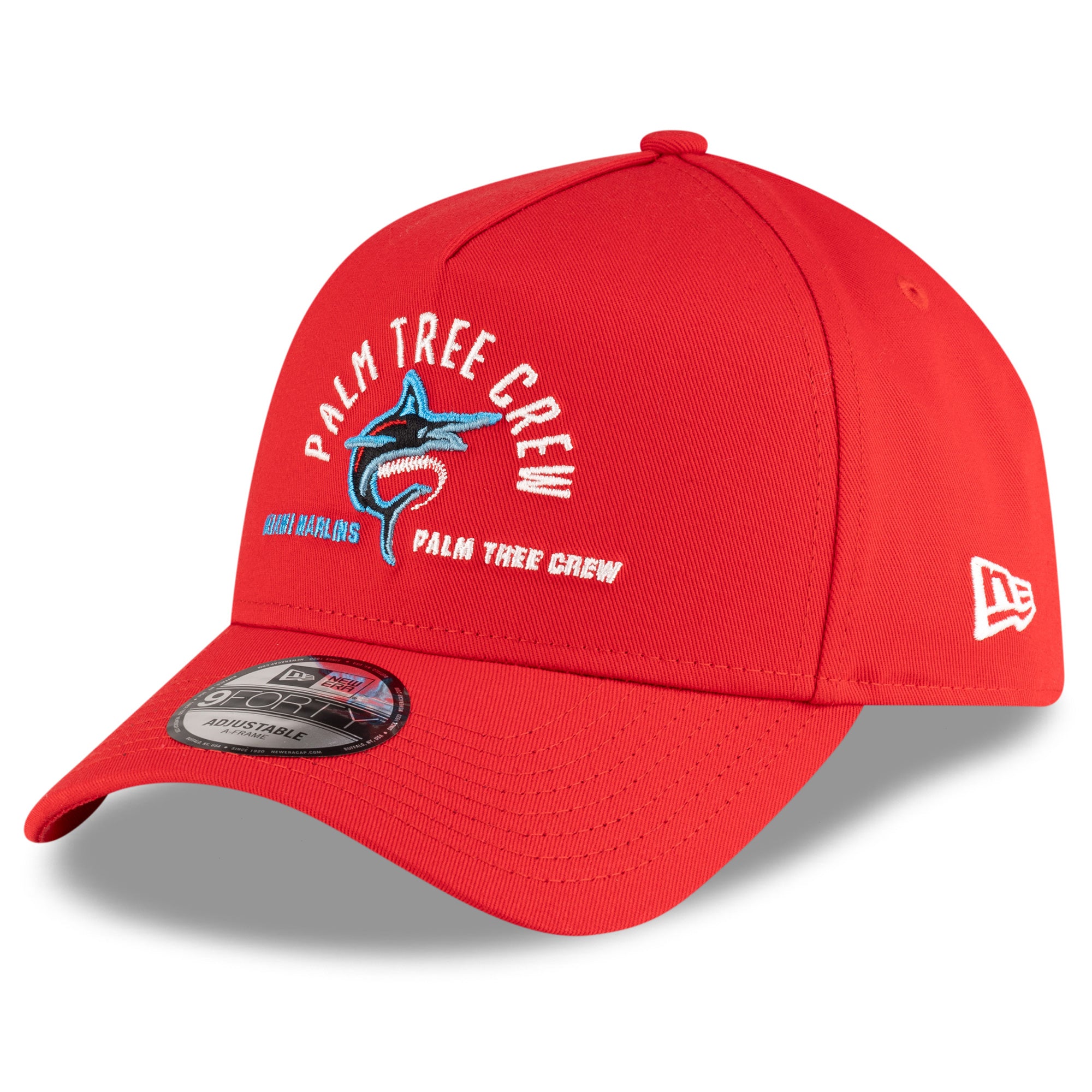 Men's New Era Red Miami Marlins Palm Tree Crew x MLB A-Frame 9FORTY Adjustable Hat