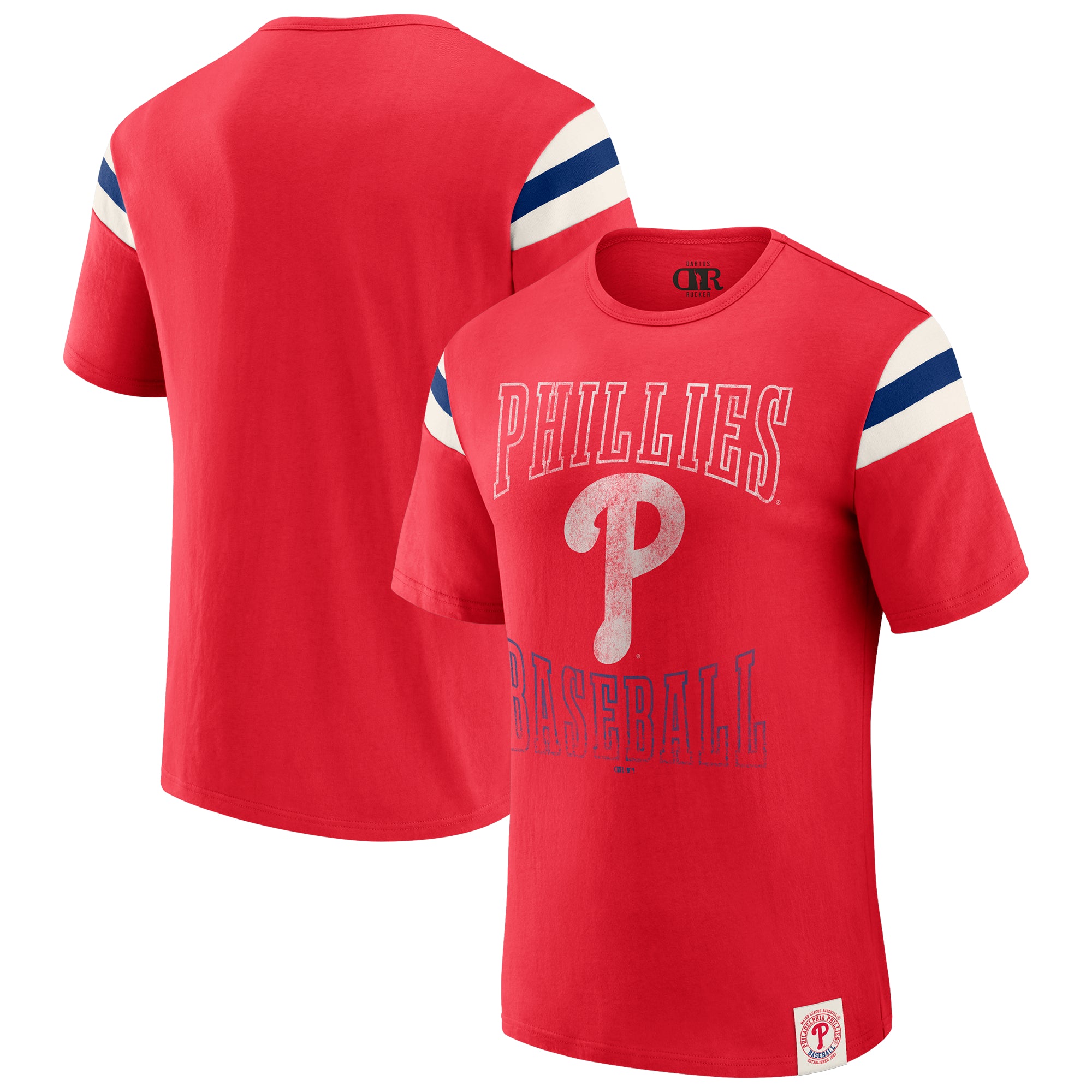 Men's Darius Rucker Collection by Fanatics Red Philadelphia Phillies Distressed Sleeve Stripe T-Shirt