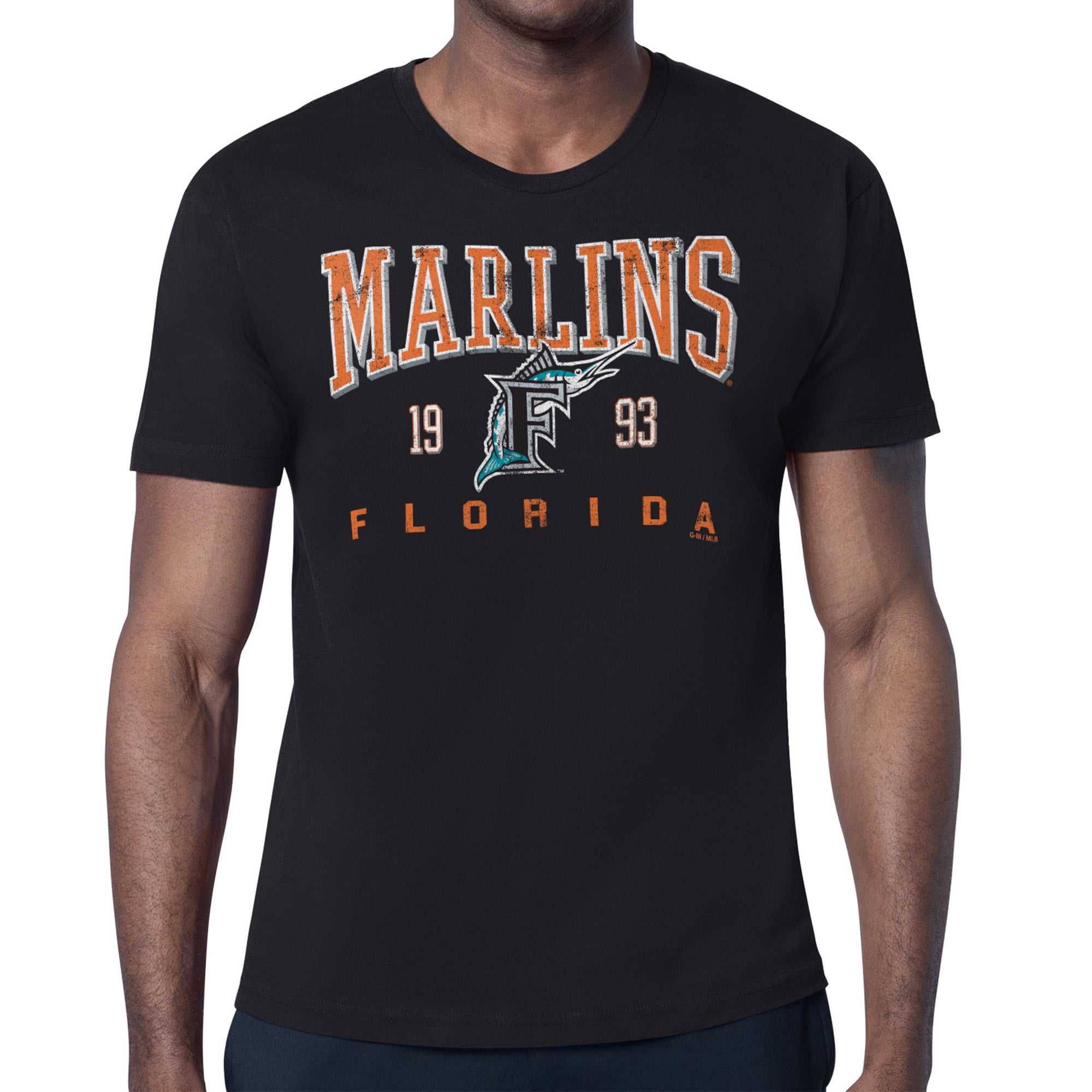Men's Starter Black Florida Marlins Cooperstown Collection Distressed Logo T-Shirt