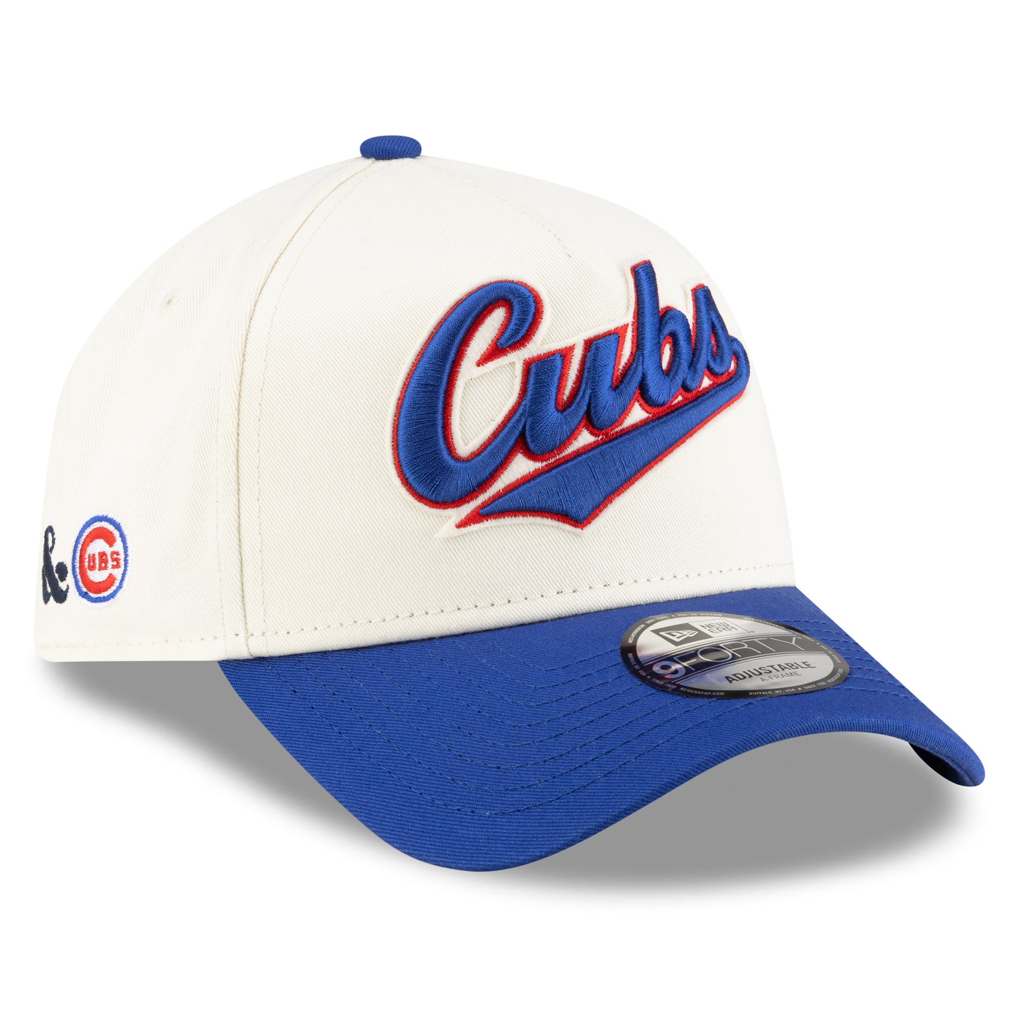 Men's New Era x Alice & Wonder  White/Royal Chicago Cubs Script A-Frame 9FORTY Adjustable Hat