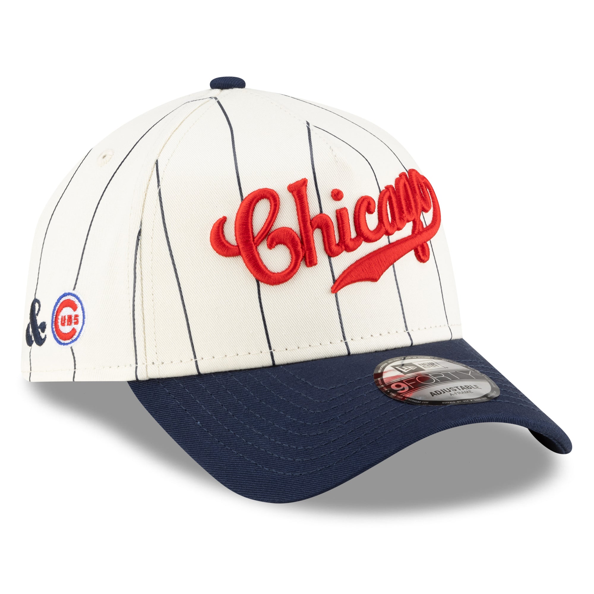 Men's New Era x Alice & Wonder  White/Navy Chicago Cubs Striped A-Frame 9FORTY Adjustable Hat