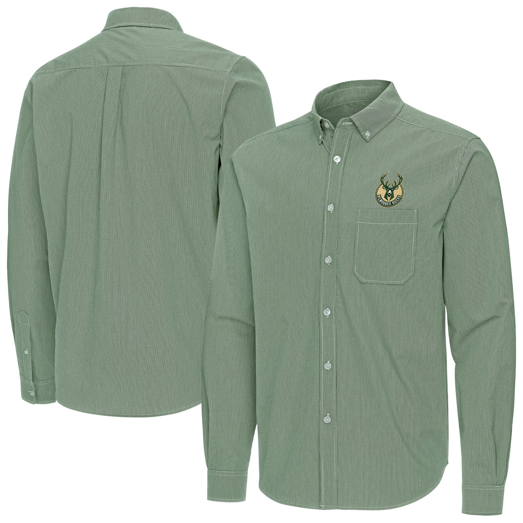 Men's Antigua Hunter Green Milwaukee Bucks Porter Woven Long Sleeve Button-Down Shirt