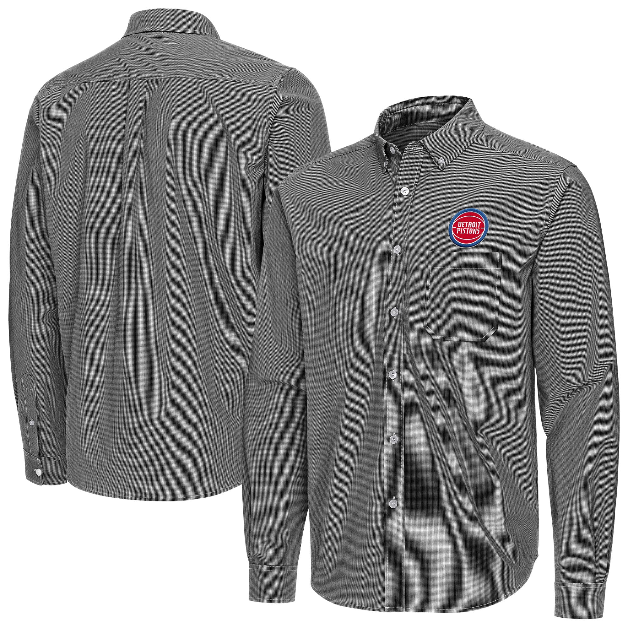 Men's Antigua Black Detroit Pistons Porter Woven Long Sleeve Button-Down Shirt