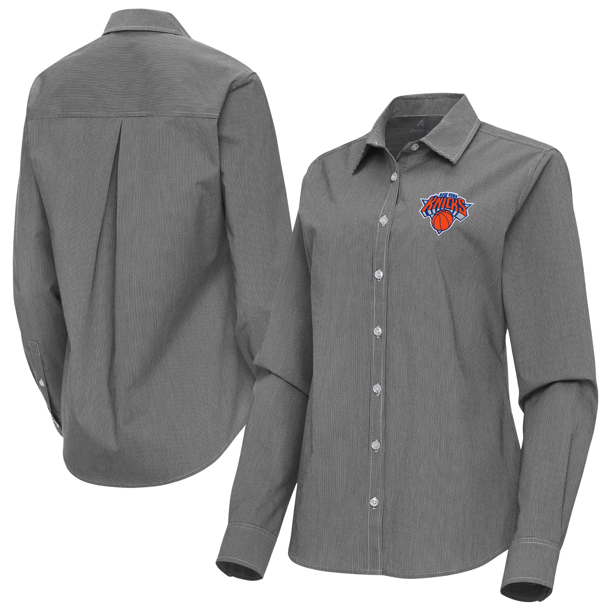 Women's Antigua Black New York Knicks Porter Woven Long Sleeve Button-Up Shirt