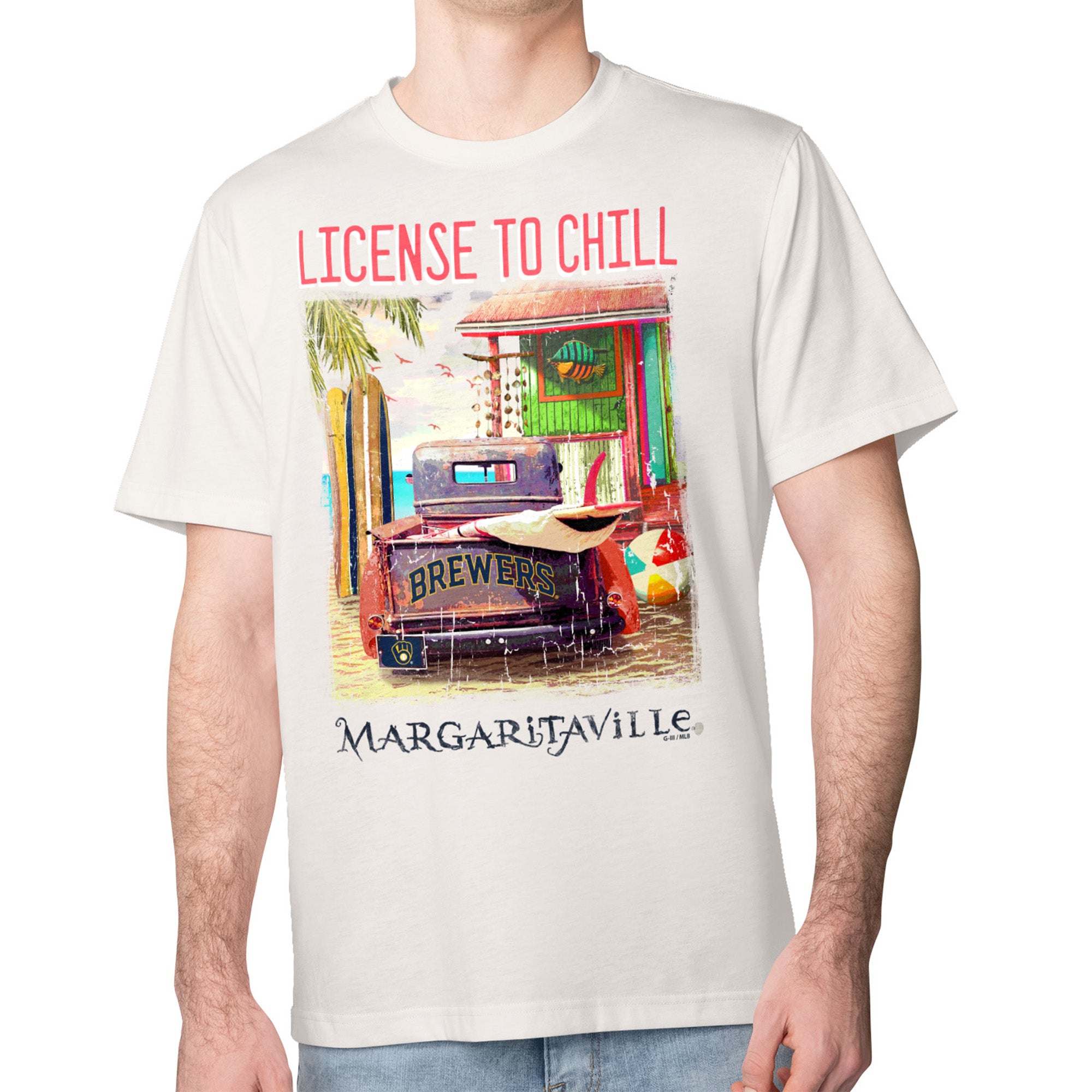 Men's Margaritaville Cream Milwaukee Brewers License to Chill T-Shirt