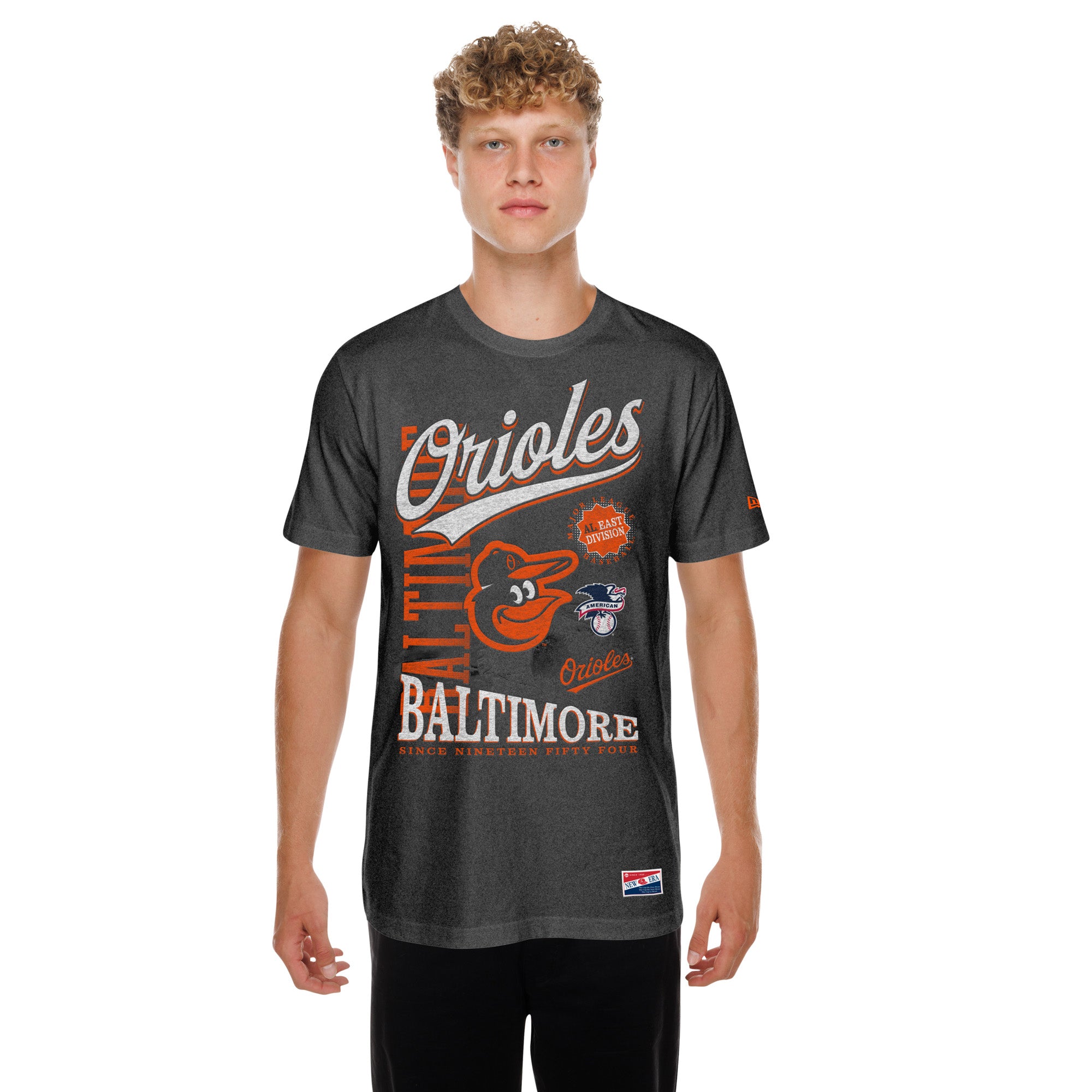 Men's New Era Black Baltimore Orioles Oversized Throwback Distressed T-Shirt
