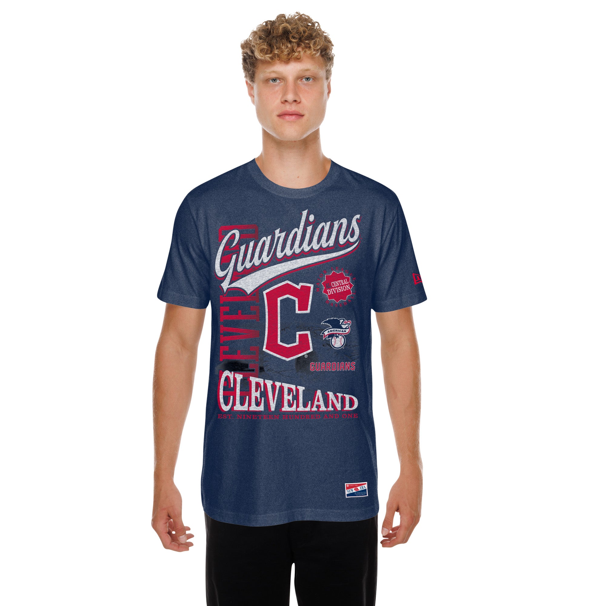 Men's New Era Navy Cleveland Guardians Oversized Throwback Distressed T-Shirt