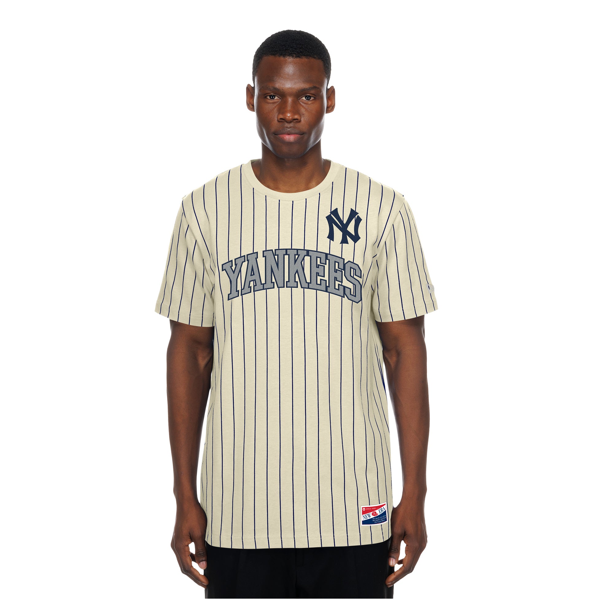 Men's New Era Cream New York Yankees Throwback Meshback Pinstripe T-Shirt