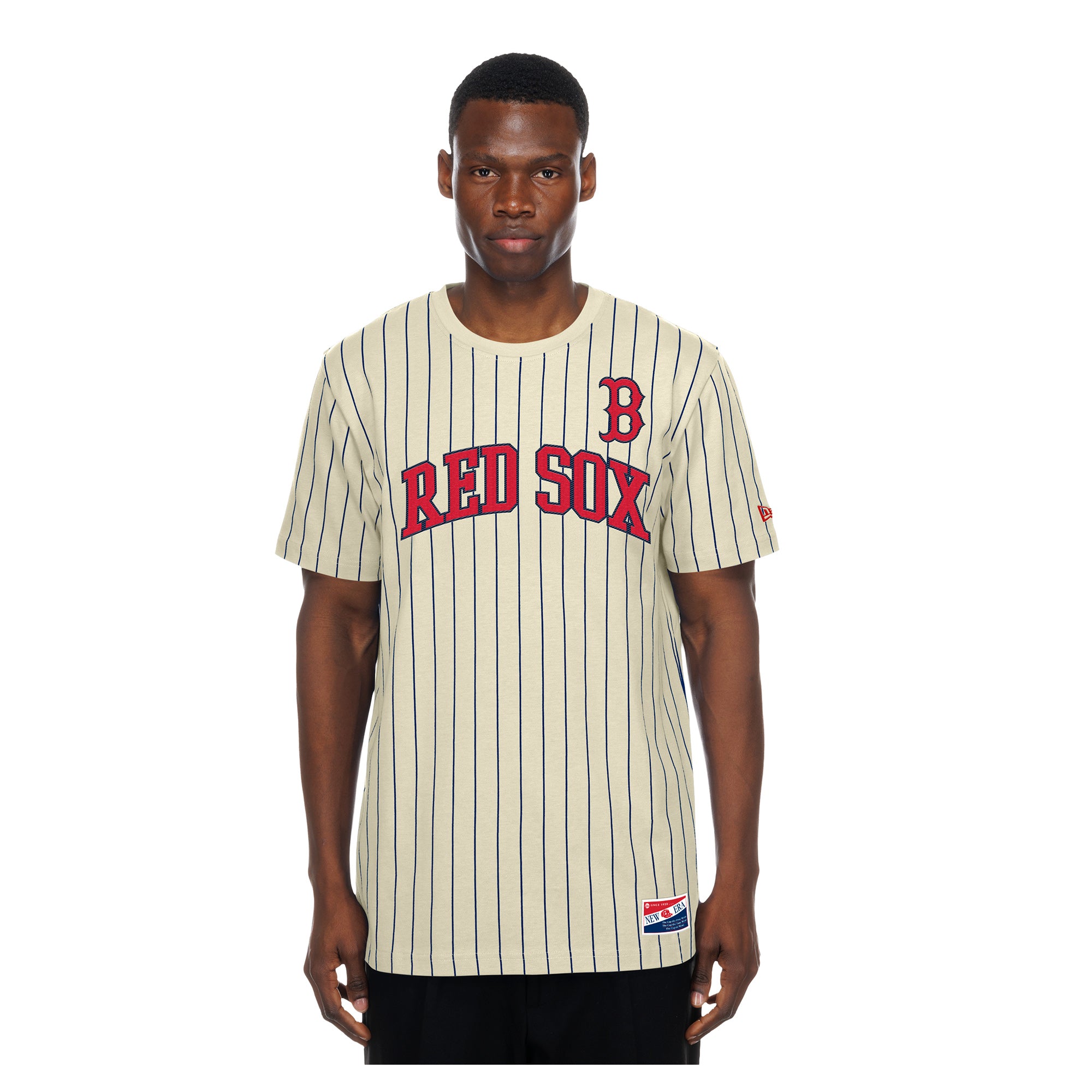 Men's New Era Cream Boston Red Sox Throwback Meshback Pinstripe T-Shirt