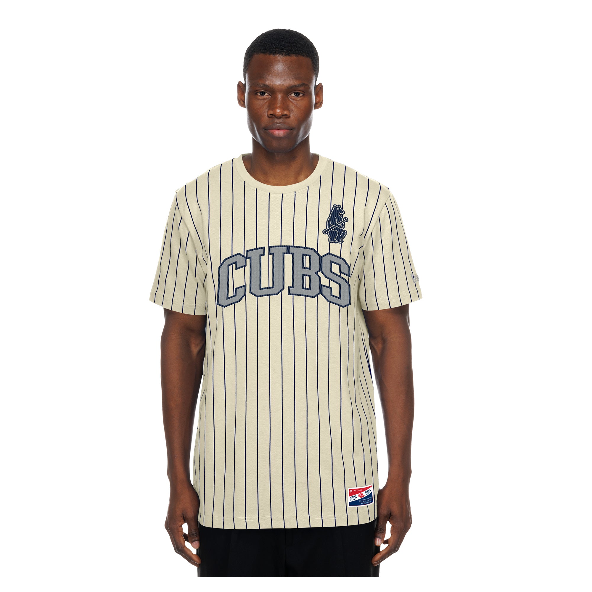 Men's New Era Cream Chicago Cubs Throwback Meshback Pinstripe T-Shirt