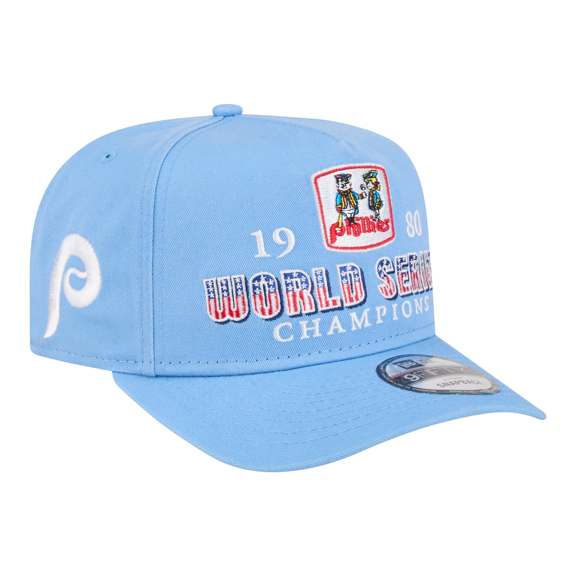 Men's New Era Light Blue Philadelphia Phillies 1980 World Series Champions Throwback 9FIFTY A-Frame Snapback Hat