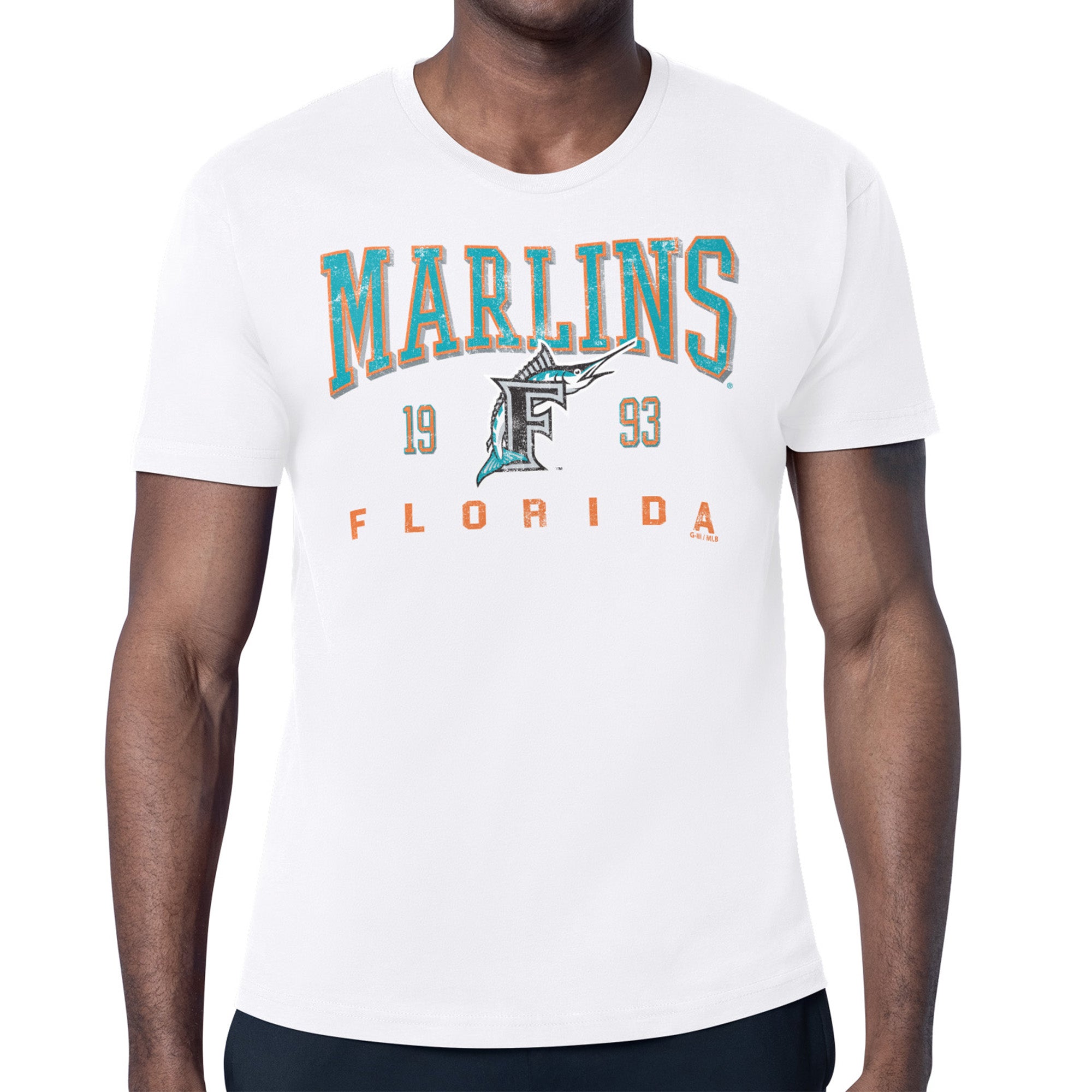 Men's Starter White Florida Marlins Distressed Logo T-Shirt