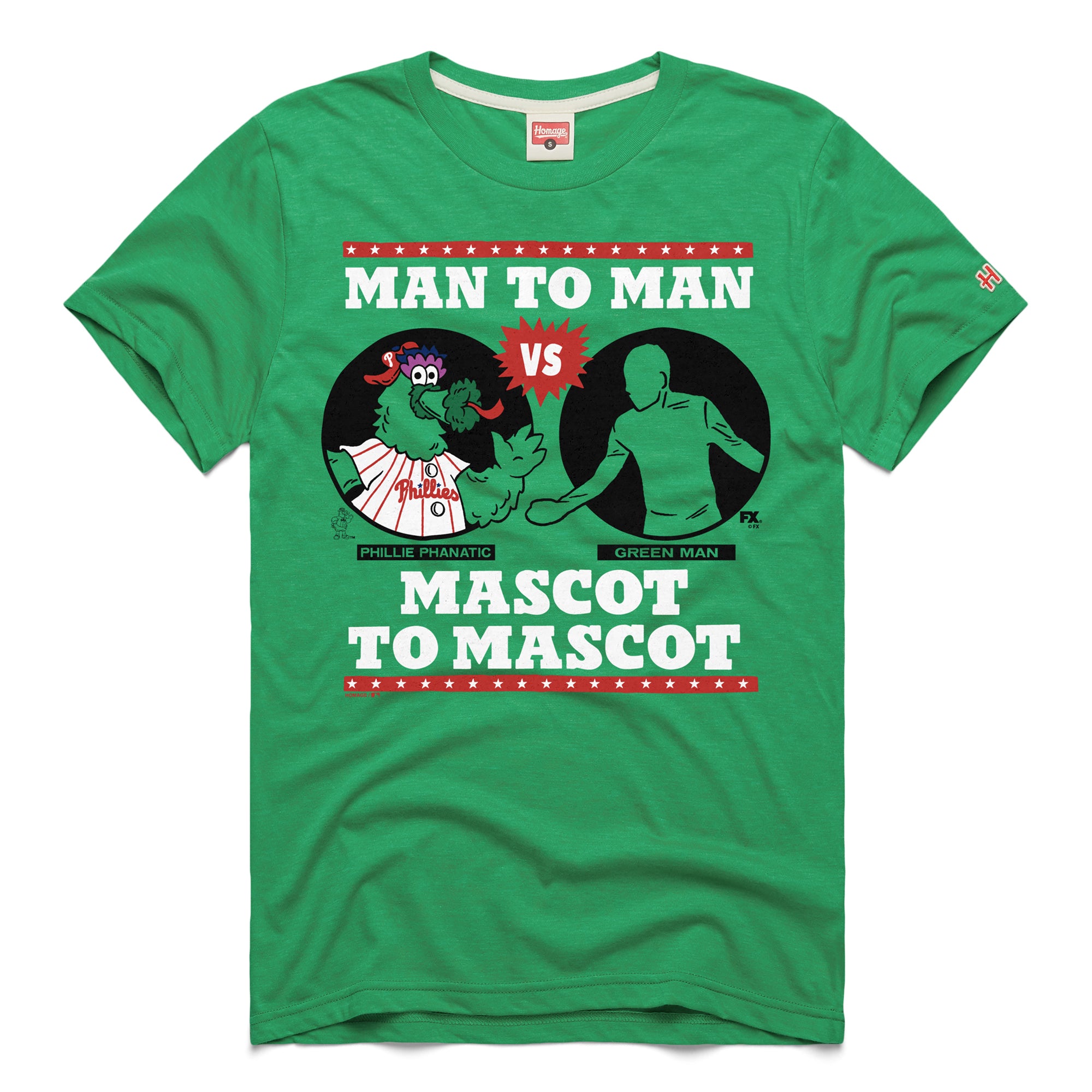 Men's Homage Green Philadelphia Phillies x It's Always Sunny in Philadelphia Phillie Phanatic vs Green Man T-Shirt