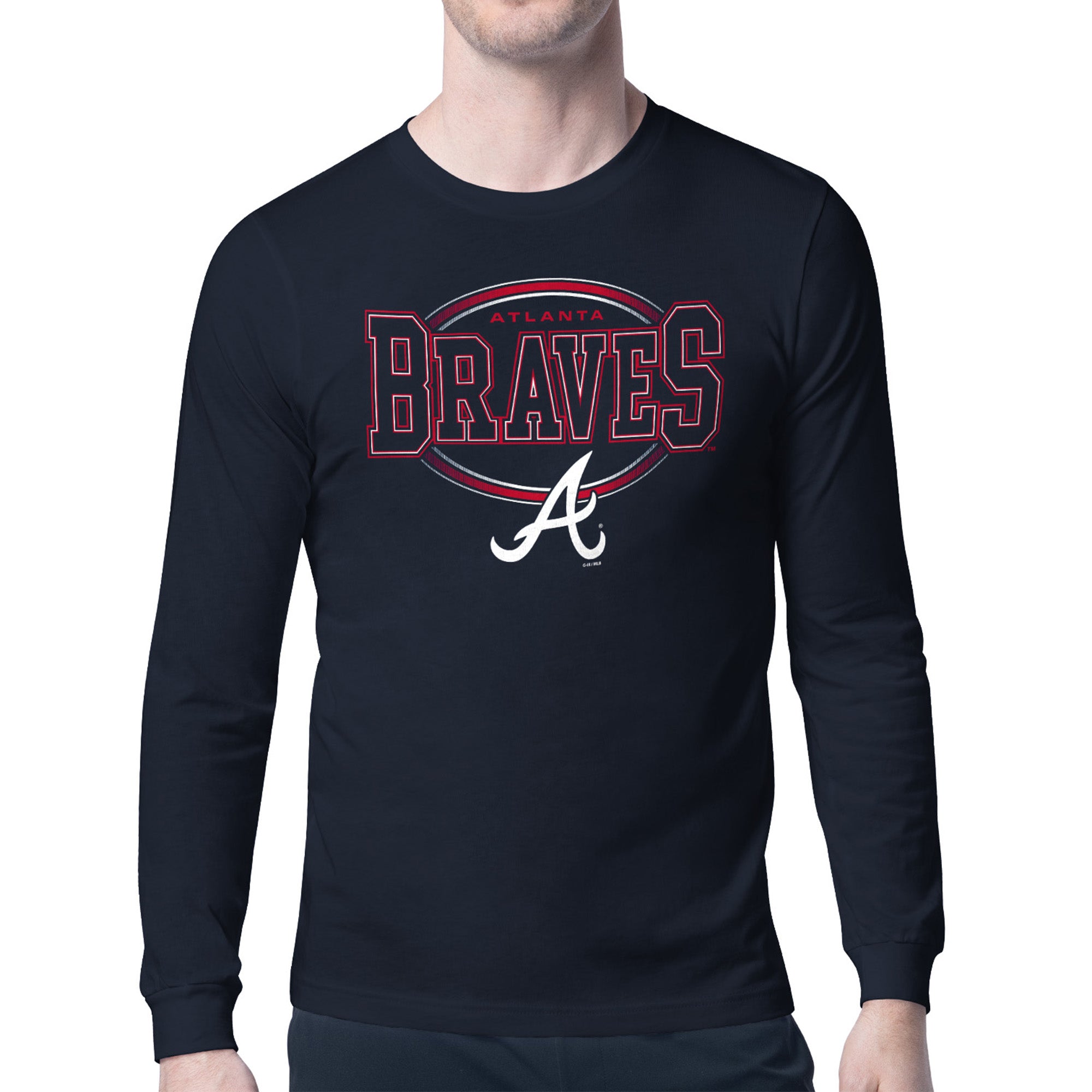 Men's Starter Navy Atlanta Braves Team Track Graphic Long Sleeve T-Shirt