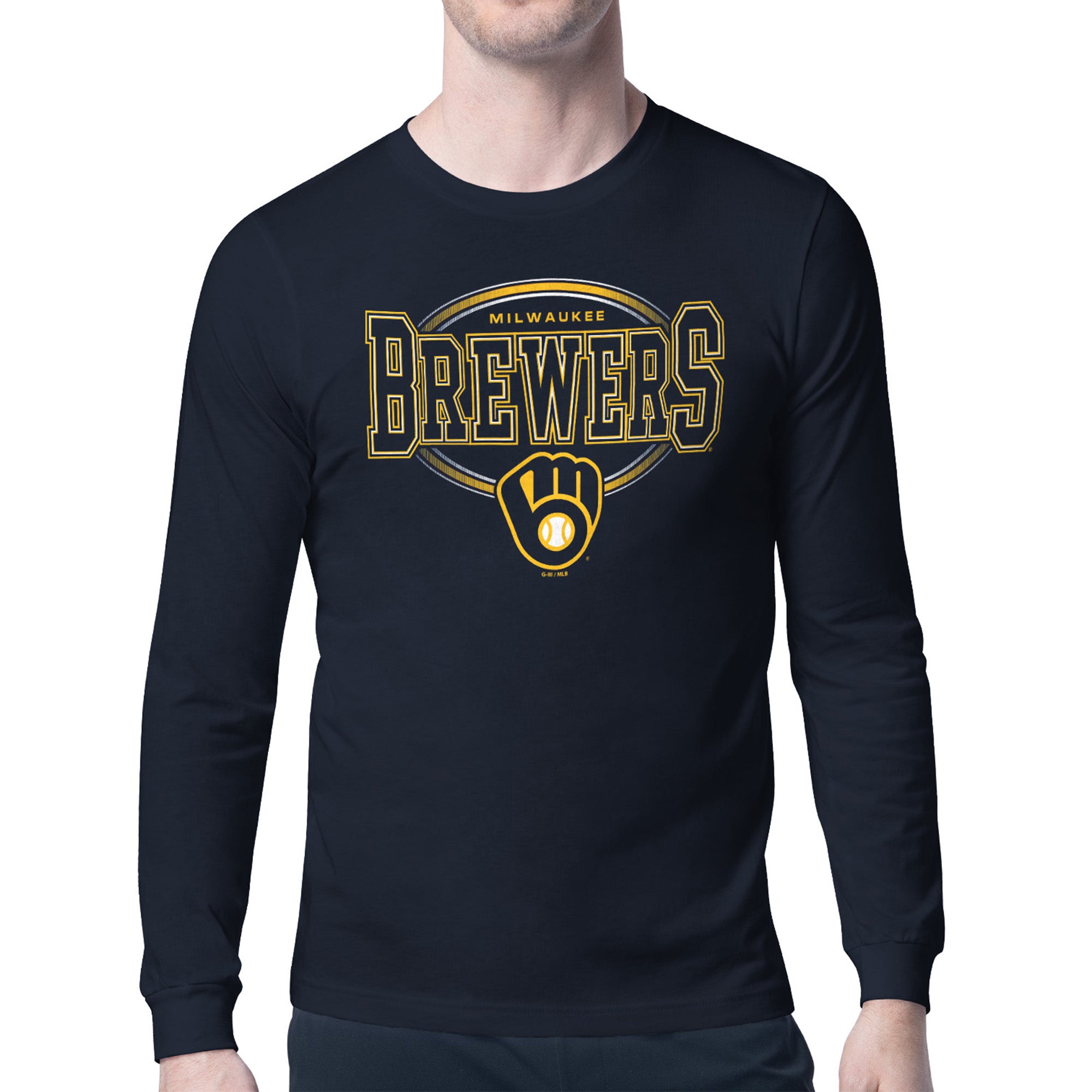 Men's Starter Navy Milwaukee Brewers Team Track Graphic Long Sleeve T-Shirt