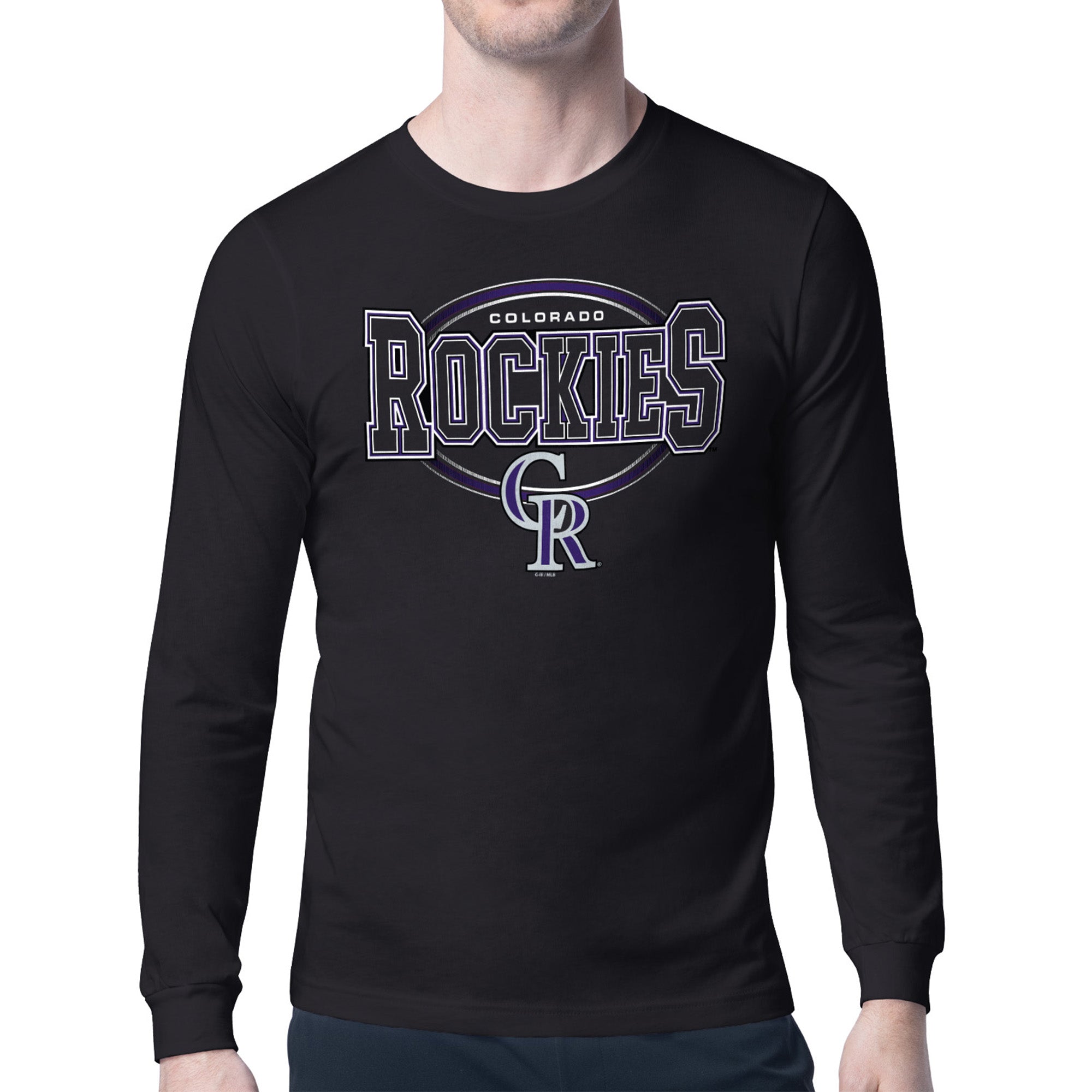 Men's Starter Black Colorado Rockies Team Track Graphic Long Sleeve T-Shirt
