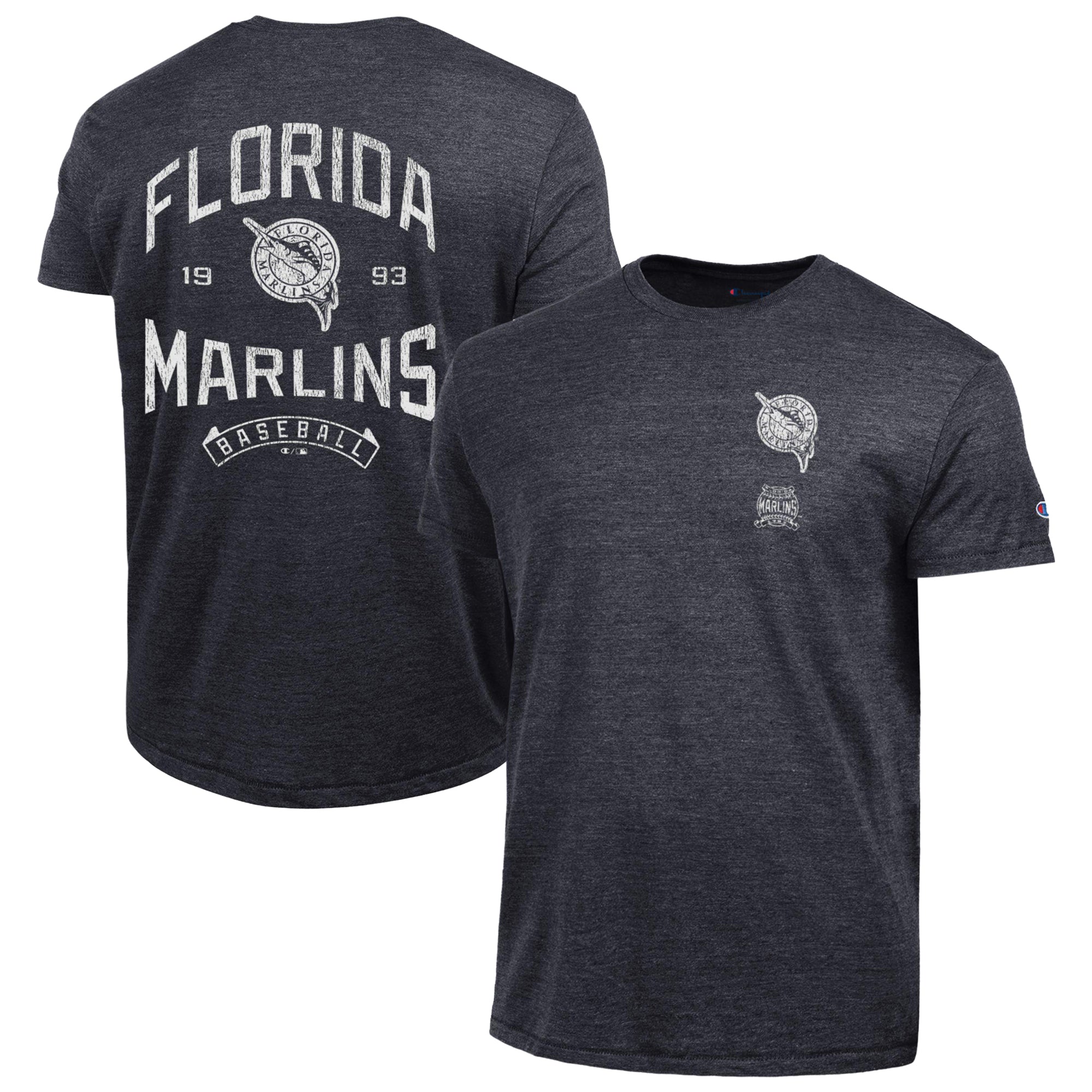Men's Champion Black Miami Marlins Vintage 3-Hit Tri-Blend T-Shirt