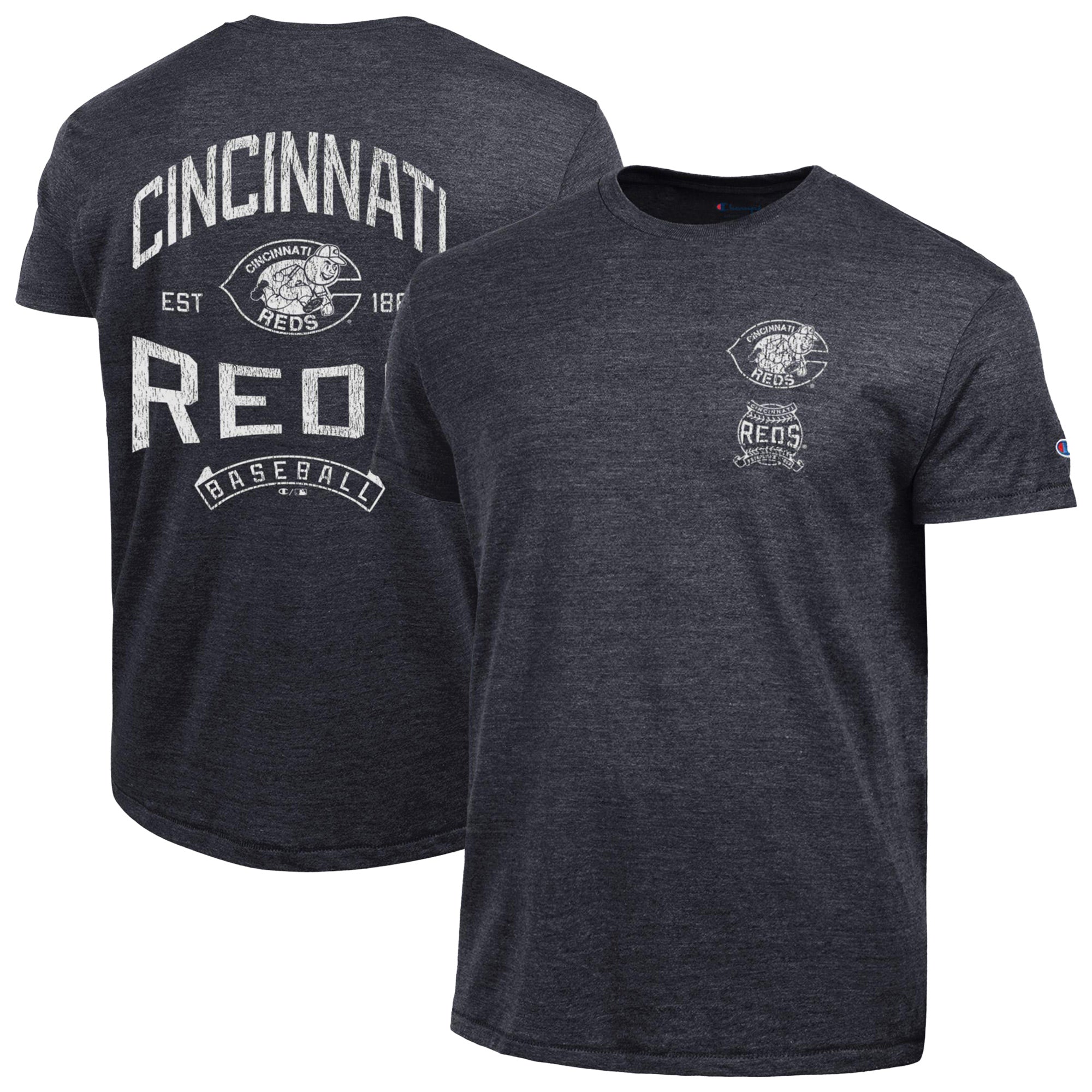 Men's Champion Black Cincinnati Reds Vintage 3-Hit Tri-Blend T-Shirt