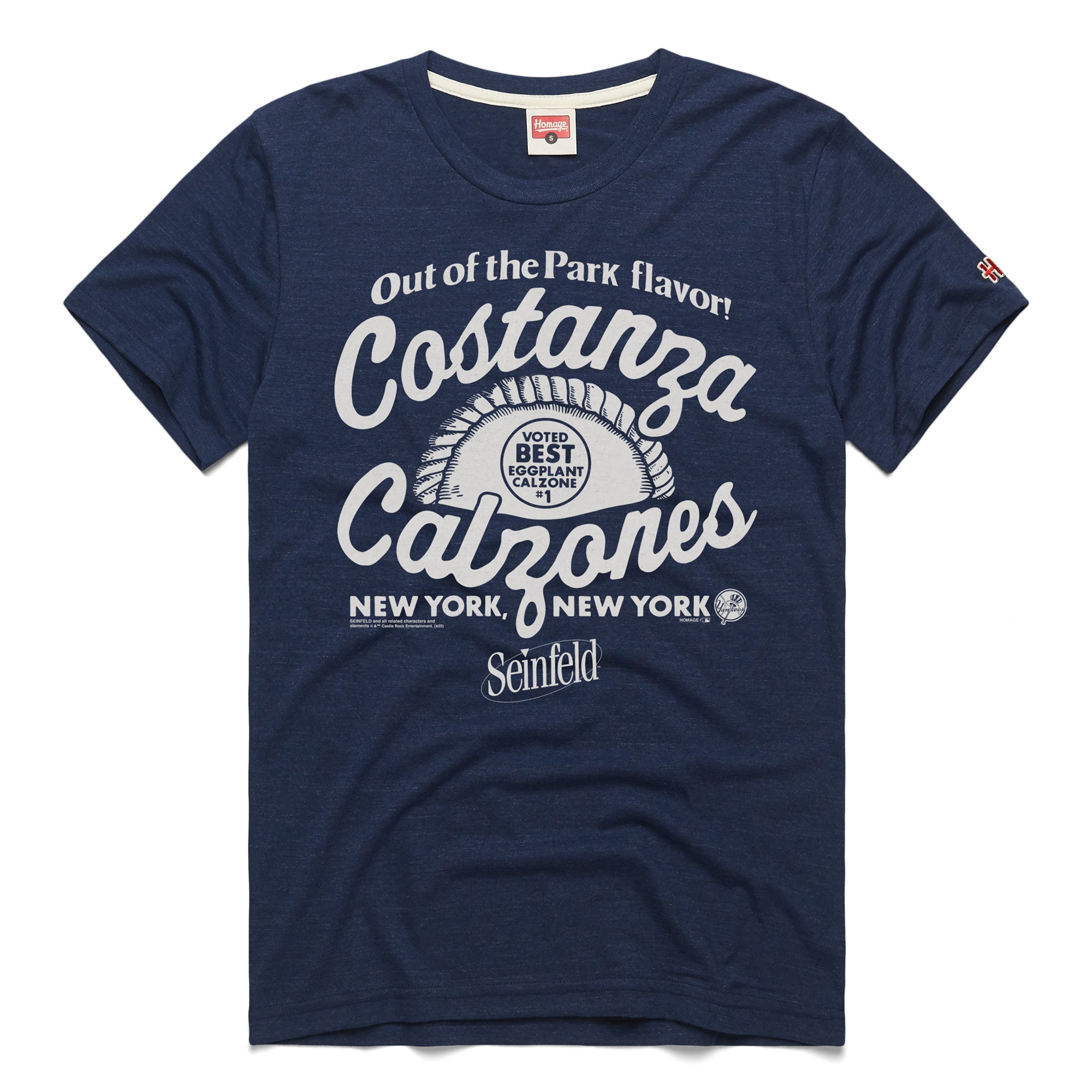 Men's Homage Navy New York Yankees x Seinfeld Costanza's Calzones T-Shirt