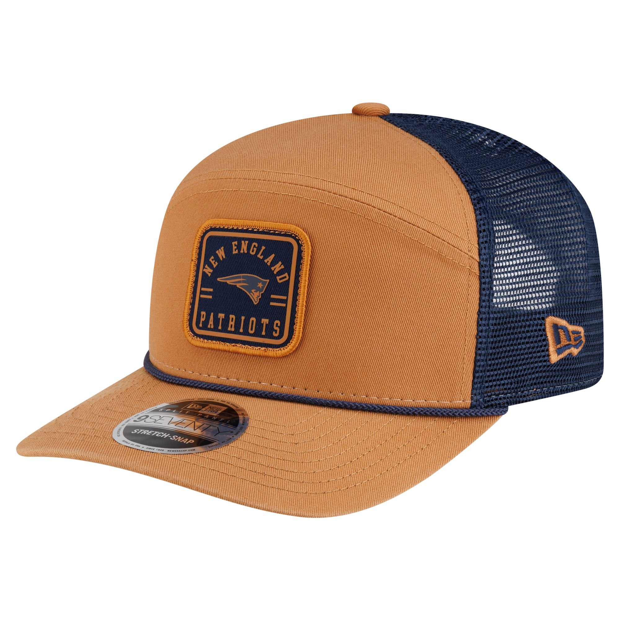 Men's New Era  Brown/Navy New England Patriots Team Patch Split Panel 9SEVENTY Adjustable Trucker Hat