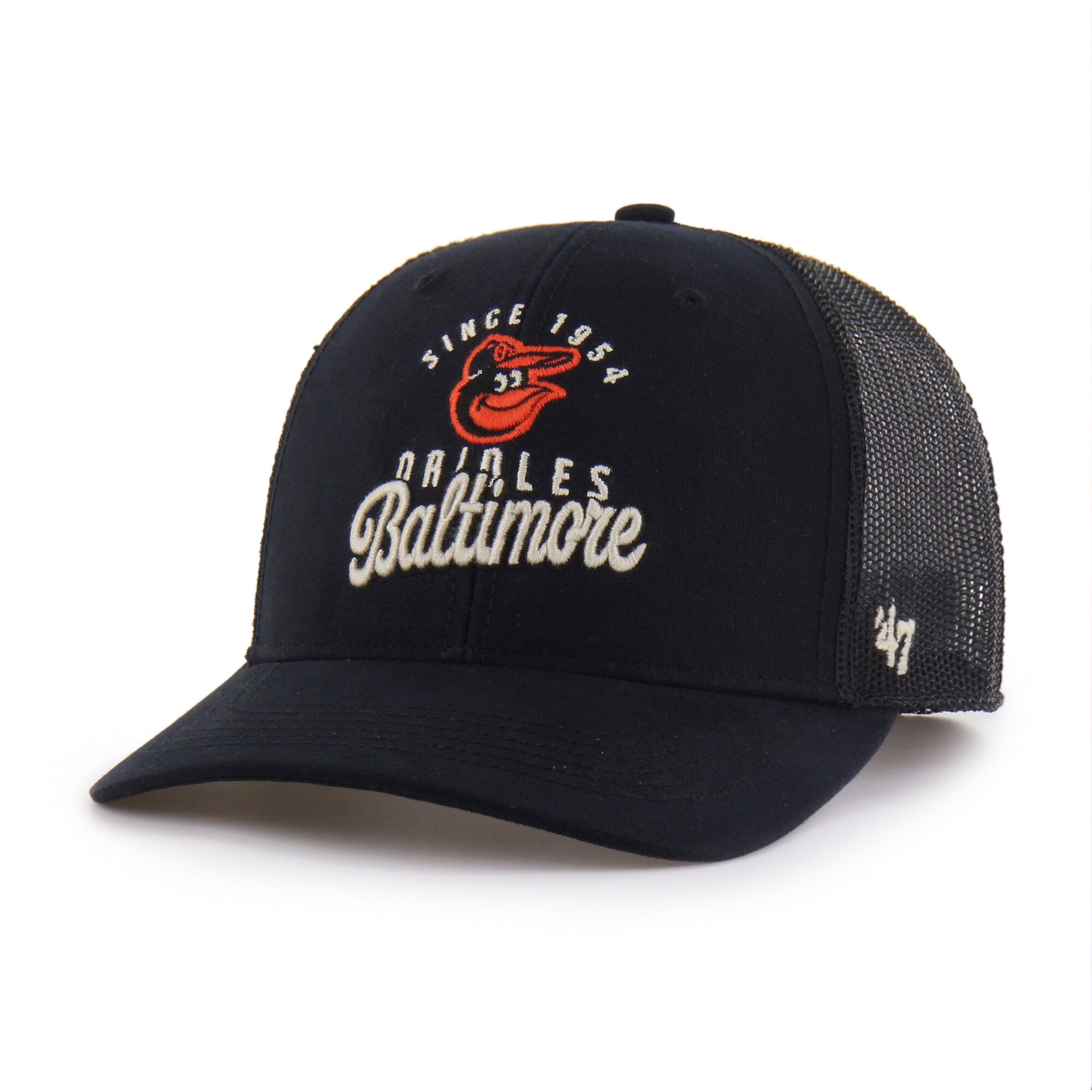 Men's '47 Black Baltimore Orioles Pitstop Trucker Adjustable Hat