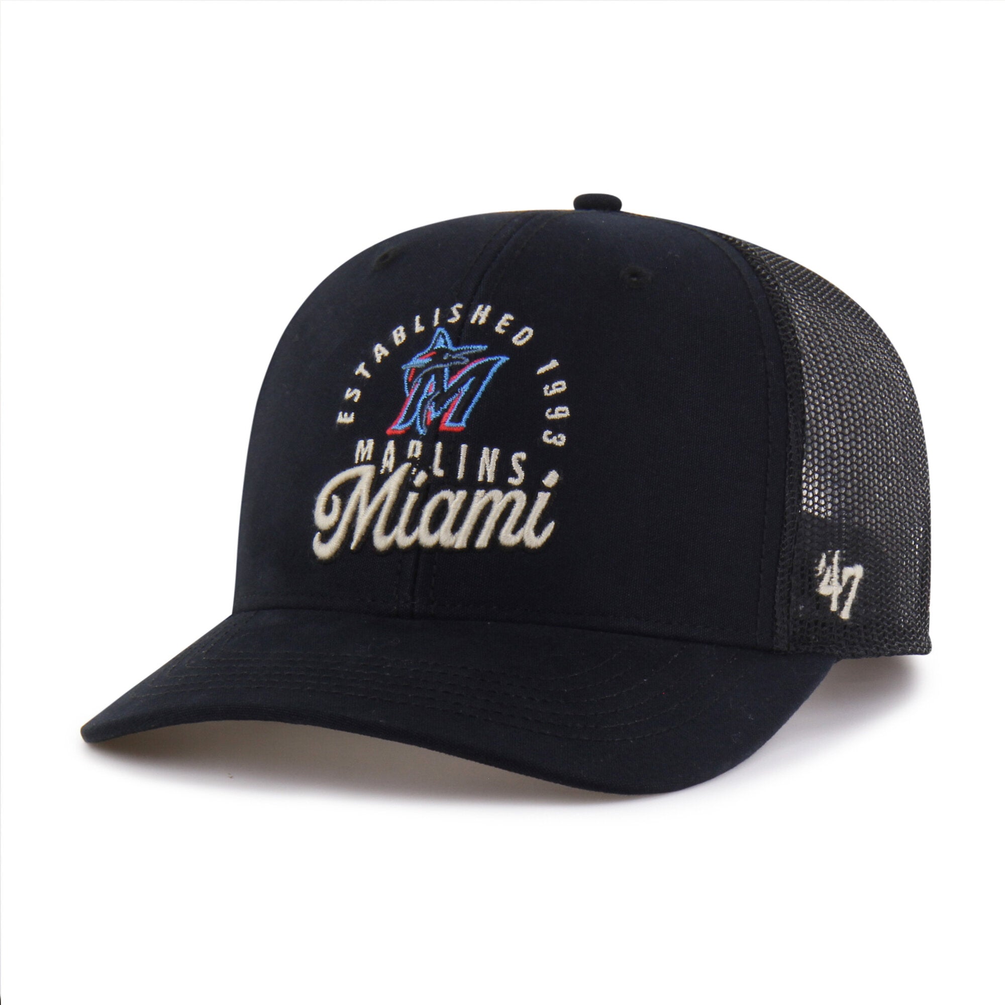 Men's '47 Black Miami Marlins Pitstop Trucker Adjustable Hat