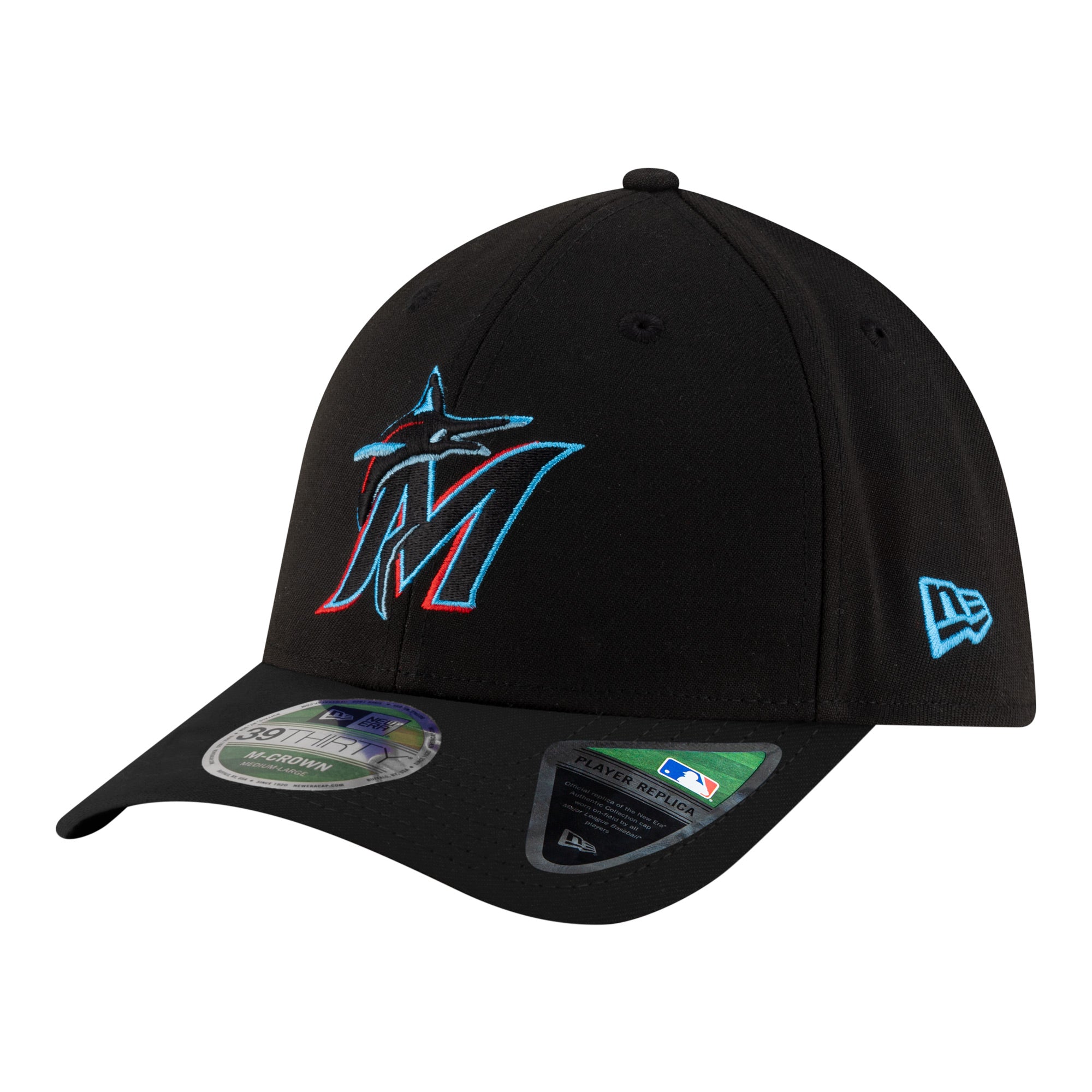 Men's New Era  Black Miami Marlins Player Replica 39THIRTY M-Crown Flex Hat