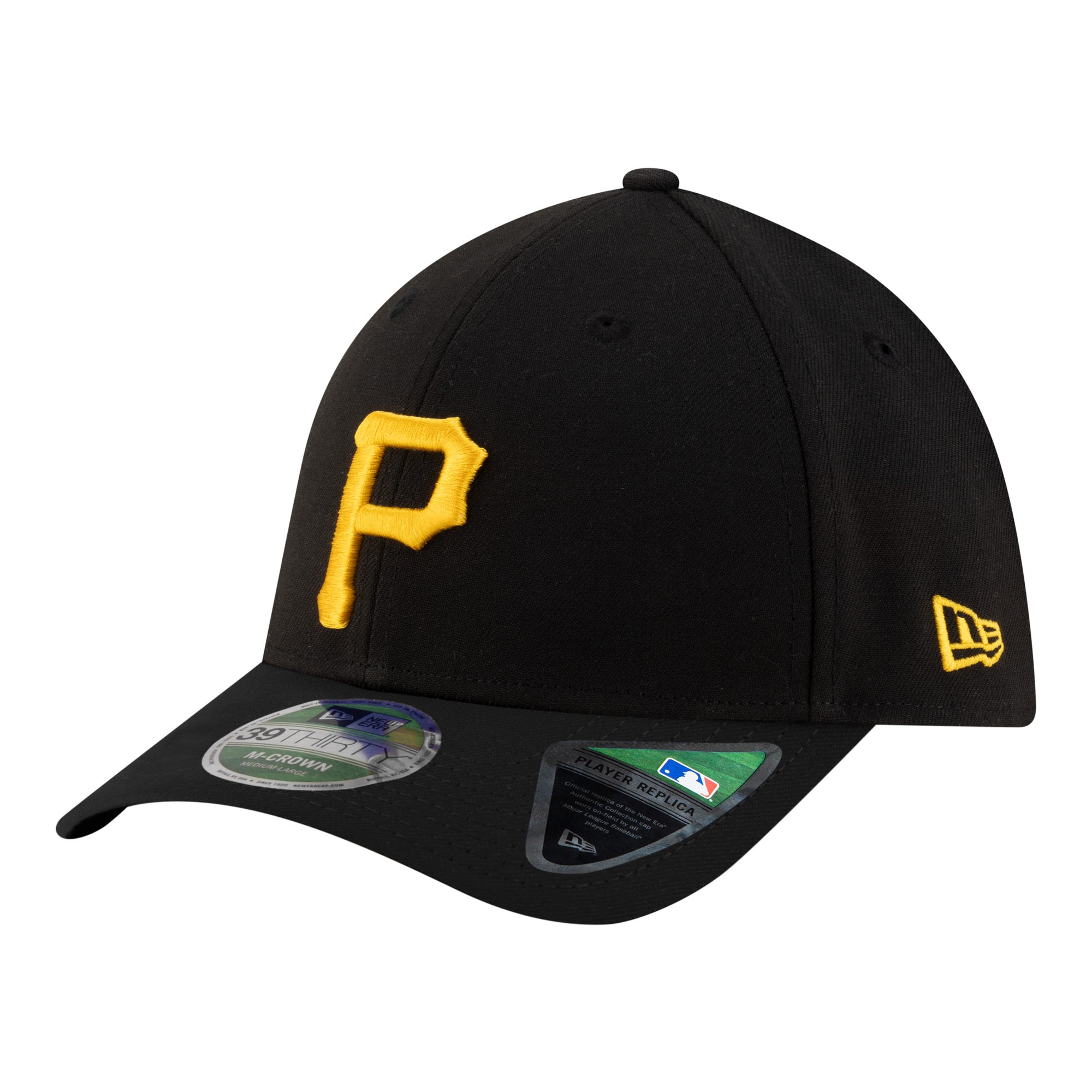 Men's New Era  Black Pittsburgh Pirates Player Replica 39THIRTY M-Crown Flex Hat