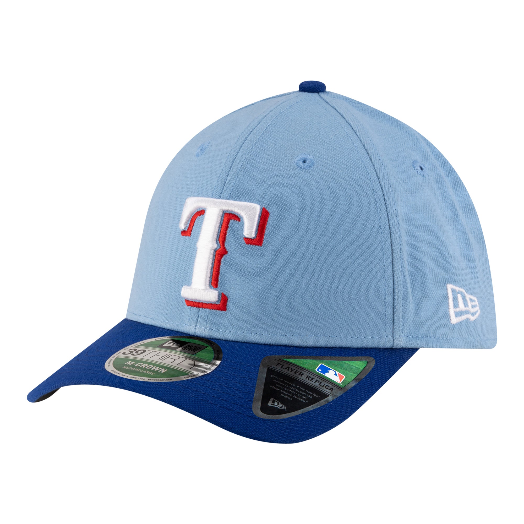 Men's New Era  Light Blue Texas Rangers Player Replica 39THIRTY M-Crown Flex Hat