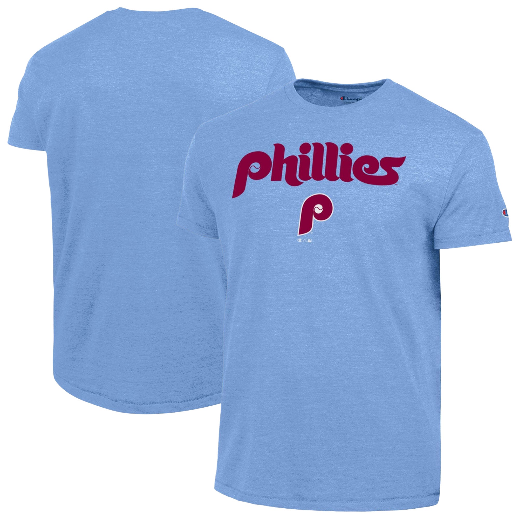 Men's Champion Light Blue Philadelphia Phillies Cooperstown Wordmark Lockup Tri-Blend T-Shirt