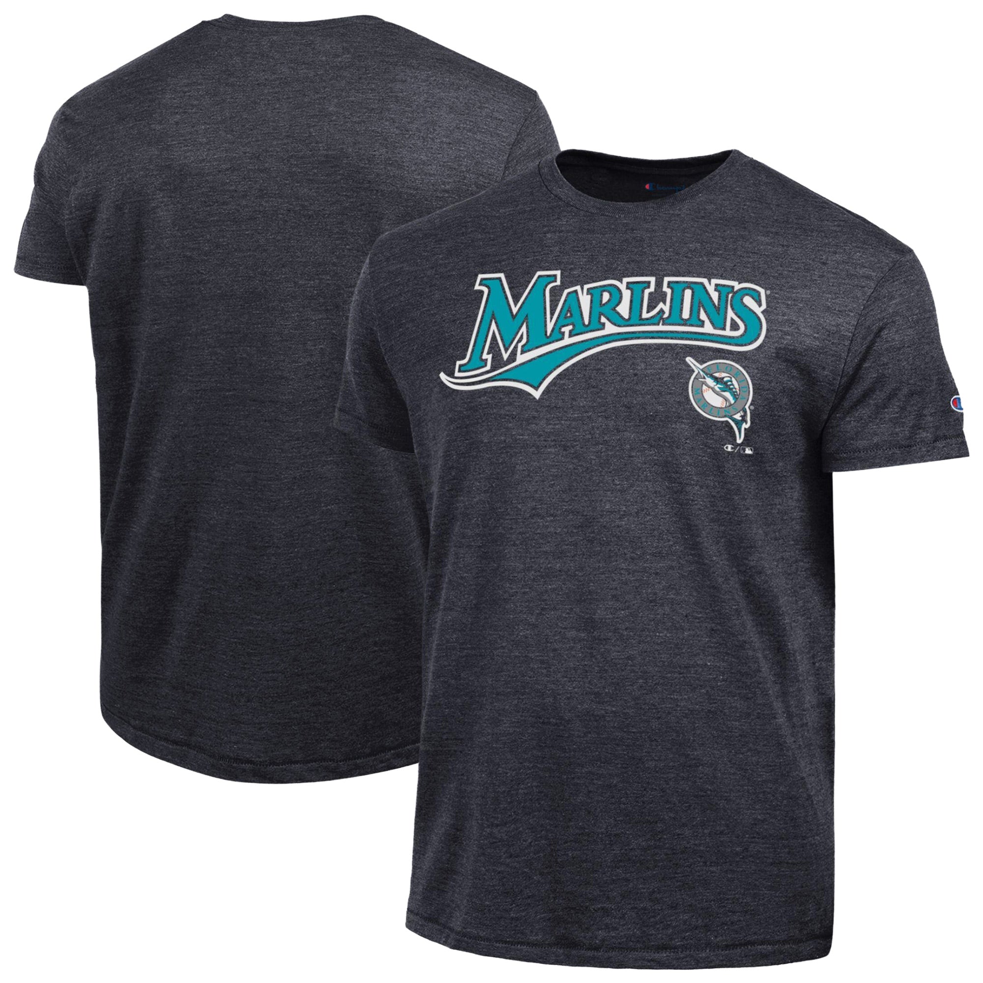 Men's Champion Black Florida Marlins Cooperstown Wordmark Lockup Tri-Blend T-Shirt