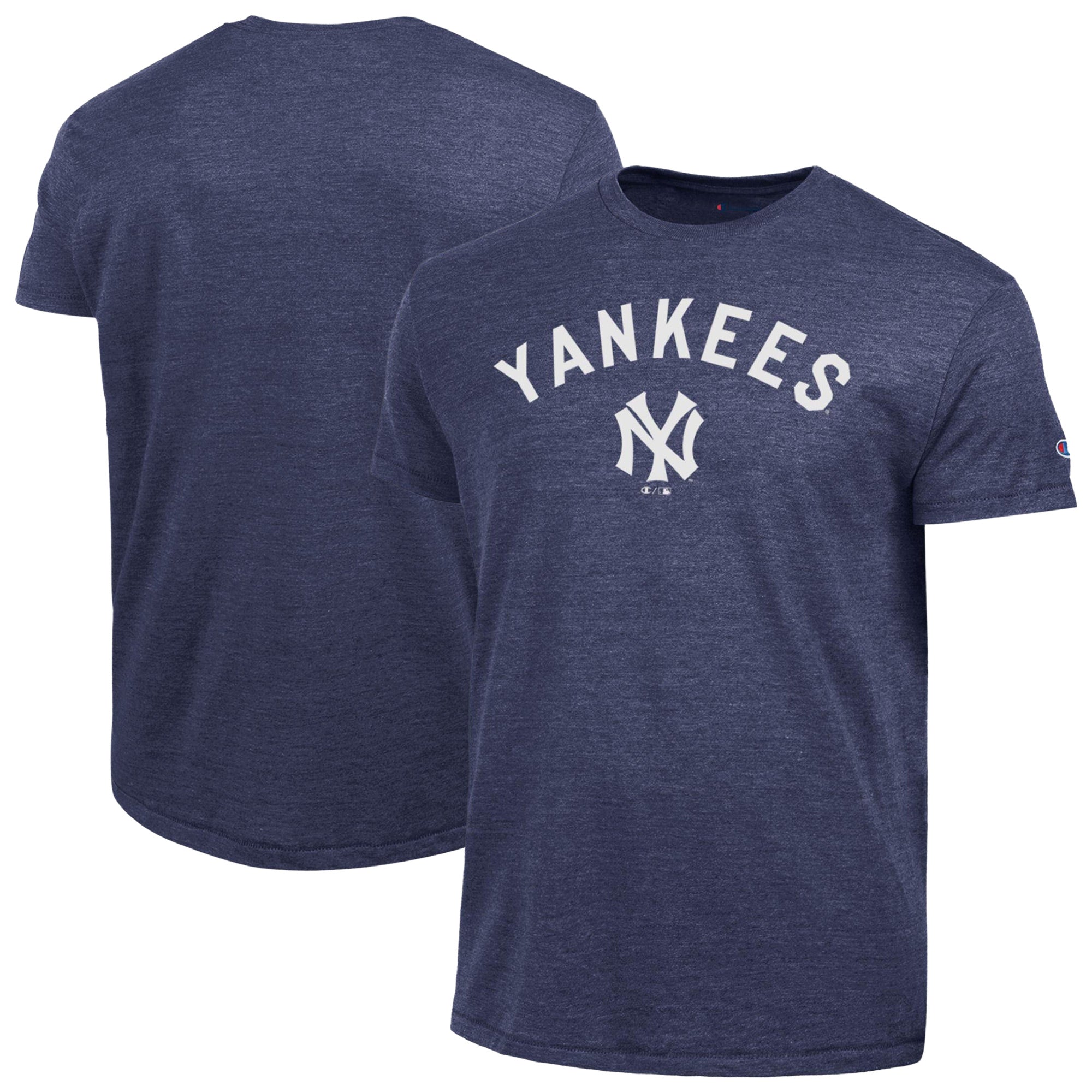 Men's Champion Navy New York Yankees Cooperstown Wordmark Lockup Tri-Blend T-Shirt