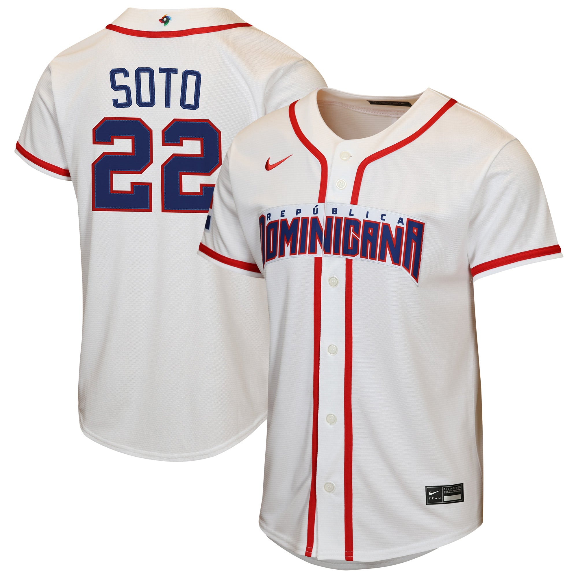 Youth Nike Juan Soto White Dominican Republic Baseball 2026 World Baseball Classic Home Replica Jersey