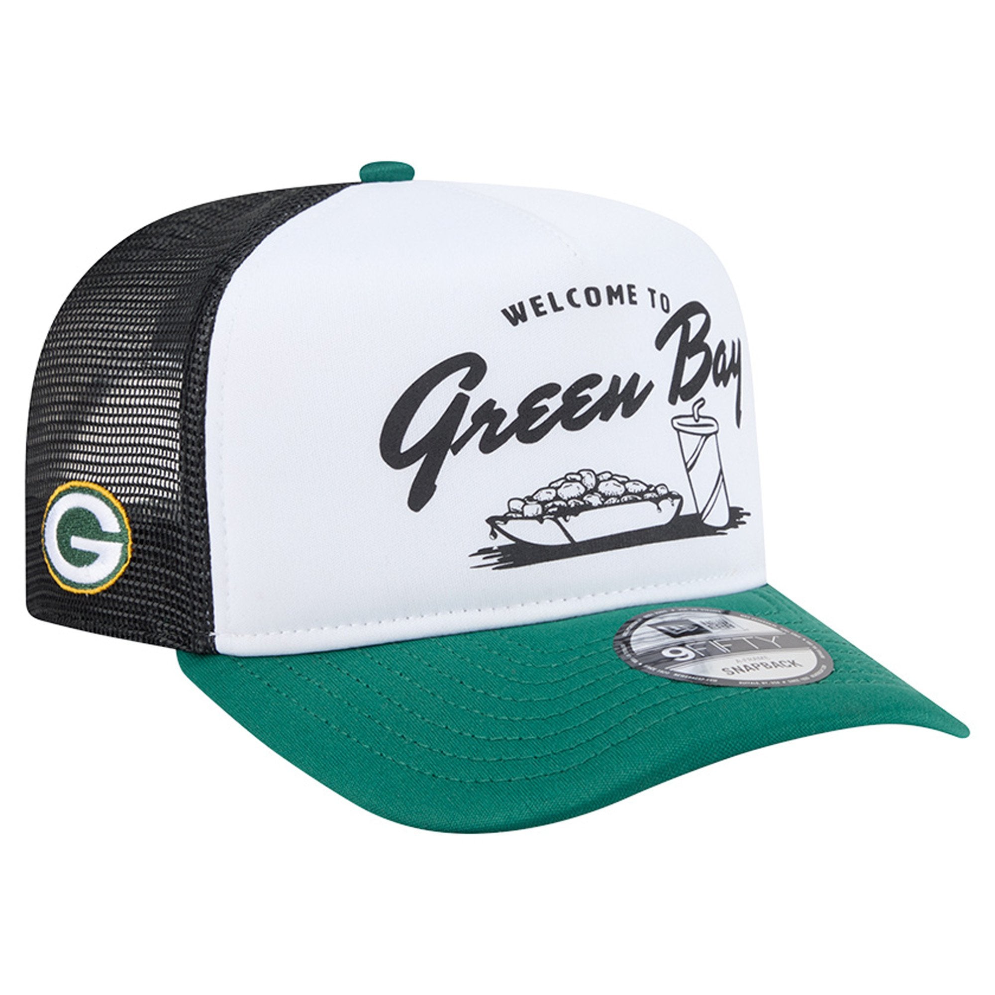 Men's New Era White/Green Green Bay Packers Foodie 9FIFTY A-Frame Trucker Snapback Hat
