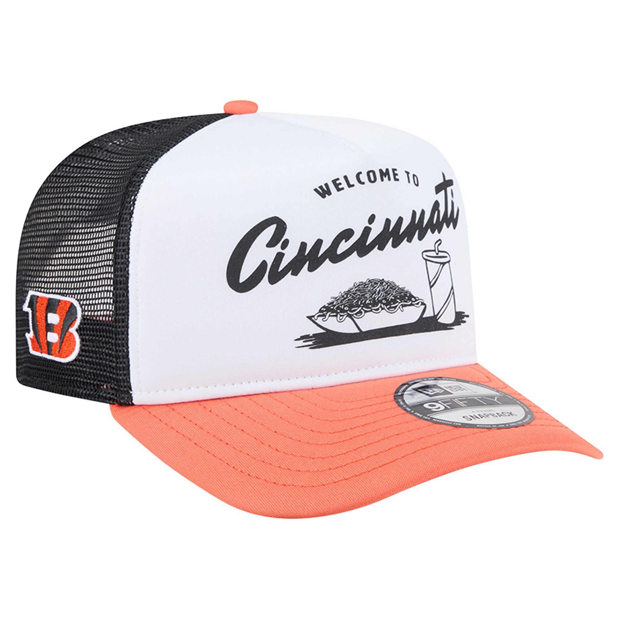 Men's New Era White/Orange Cincinnati Bengals Foodie 9FIFTY A-Frame Trucker Snapback Hat