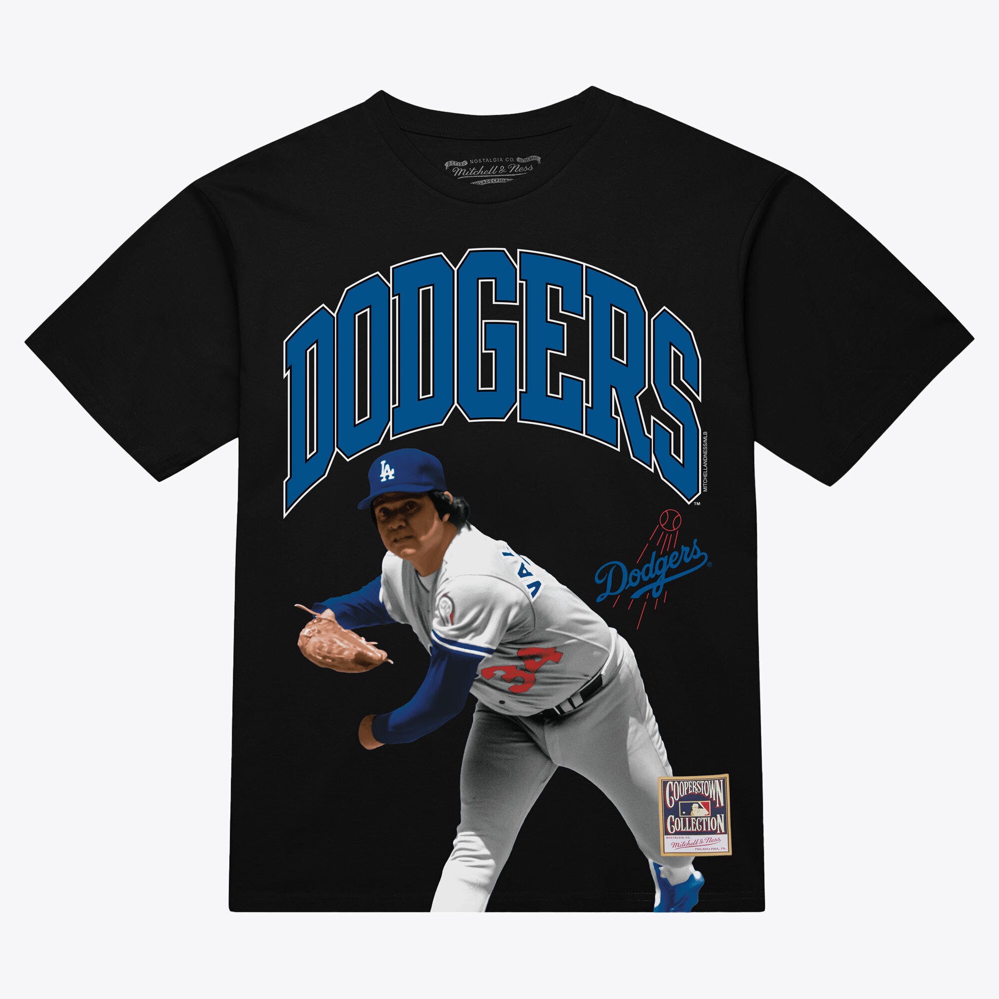 Men's Mitchell & Ness Fernando Valenzuela Black Los Angeles Dodgers Photo Arch Player Graphic T-Shirt