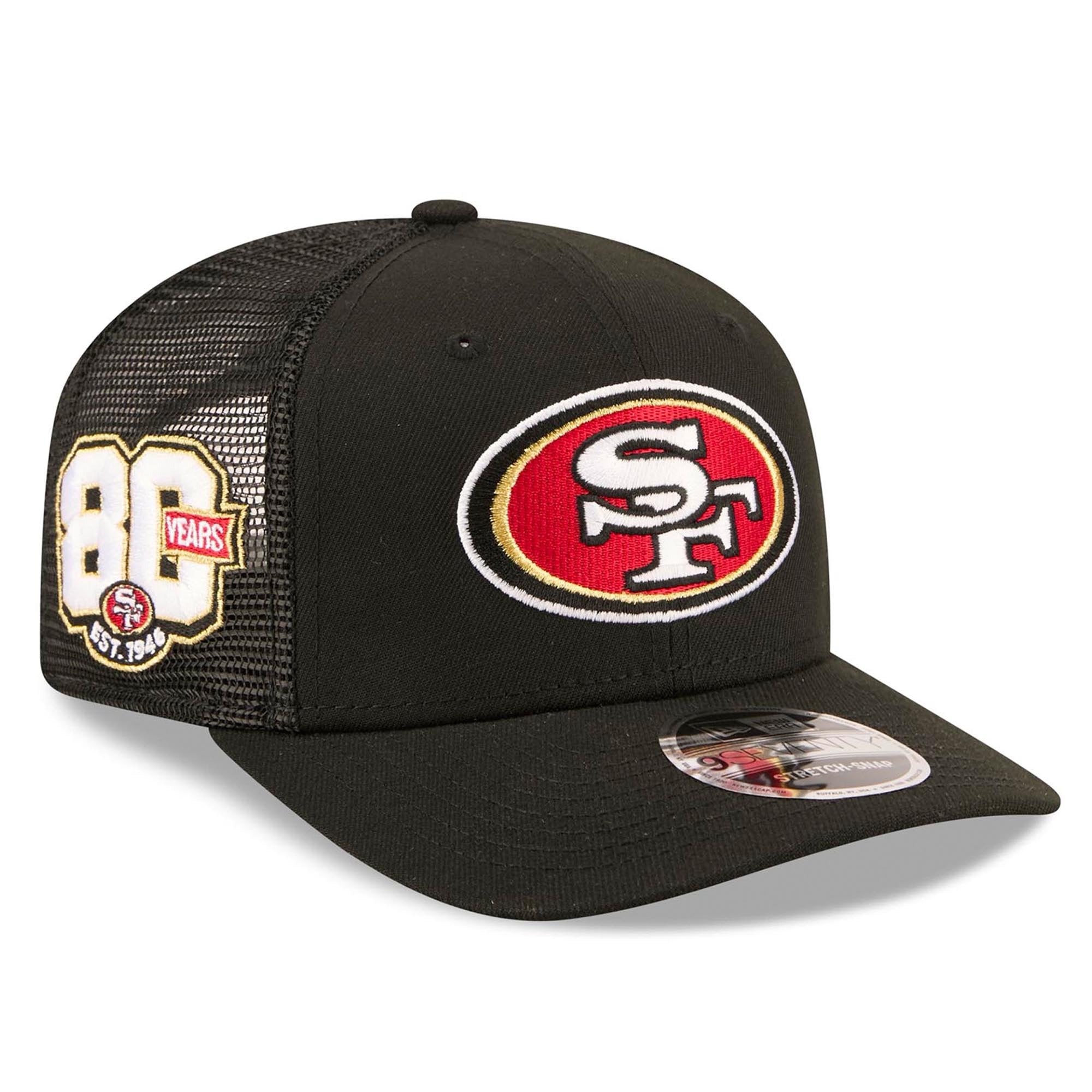 Men's New Era Black San Francisco 49ers 80th Anniversary 9SEVENTY Trucker Adjustable Hat
