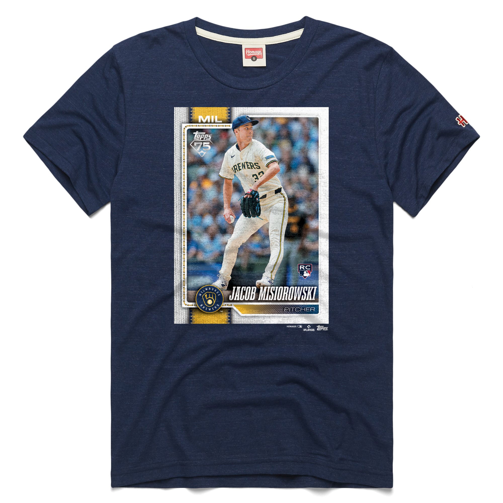 Men's Homage Jacob Misiorowski Navy Milwaukee Brewers Topps Baseball Card Tri-Blend T-Shirt