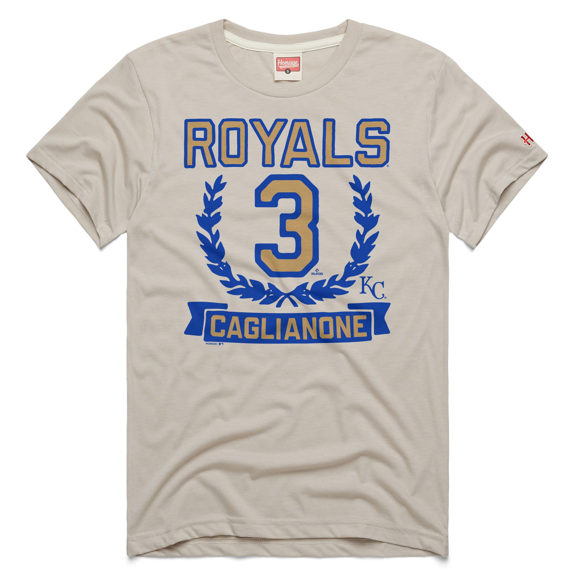 Men's Homage Jac Caglianone Stone Kansas City Royals Wreath Rookie Graphic Tri-Blend T-Shirt