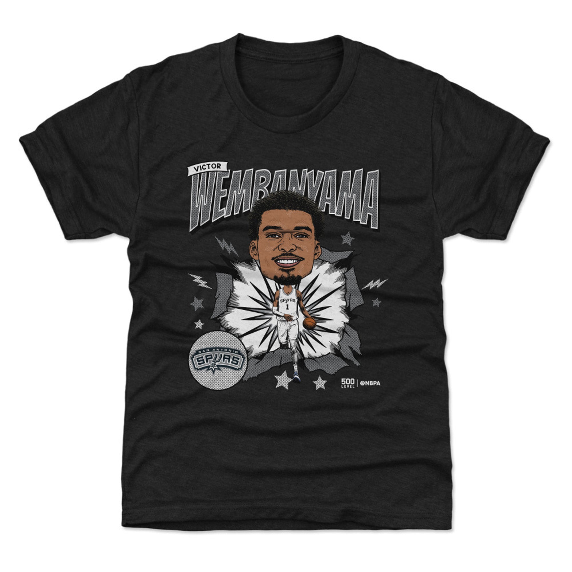 Youth 500 Level Victor Wembanyama Heather Black San Antonio Spurs Retro Caricature T-Shirt