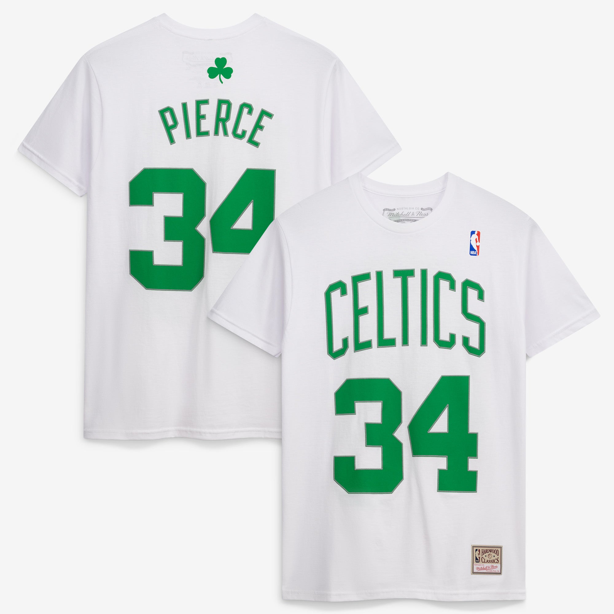 Men's Mitchell & Ness Paul Pierce White Boston Celtics Hardwood Classics Stitch Name & Number T-Shirt